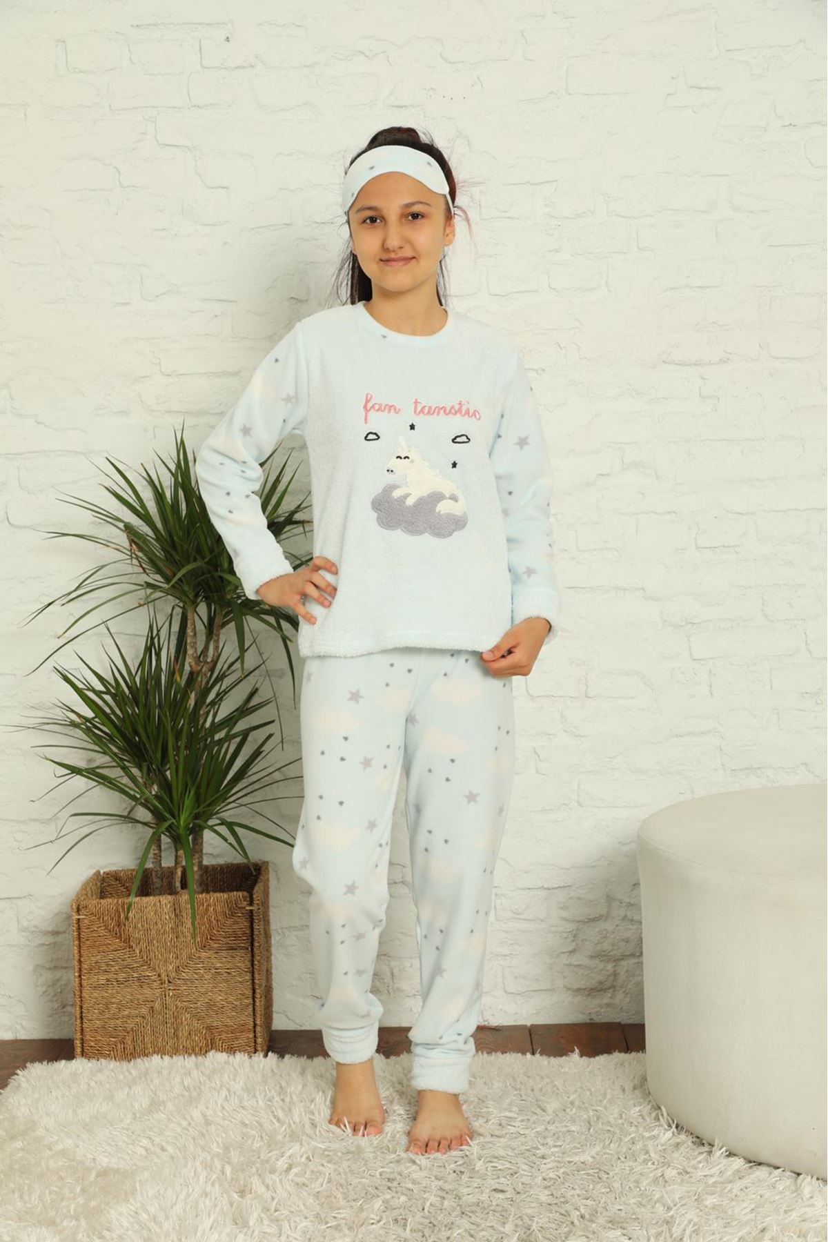 Kız Çocuk Açık Mavi Desenli Kışlık Polar Pijama Takımı 12F-20039-1