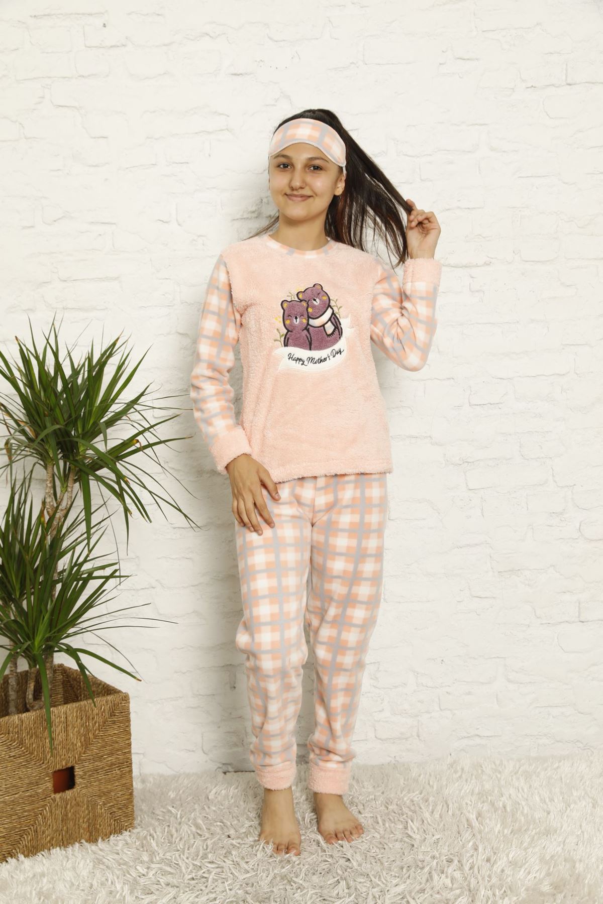 Kız Çocuk Somon Pembe Desenli Kışlık Polar Pijama Takımı 13F-20046-1