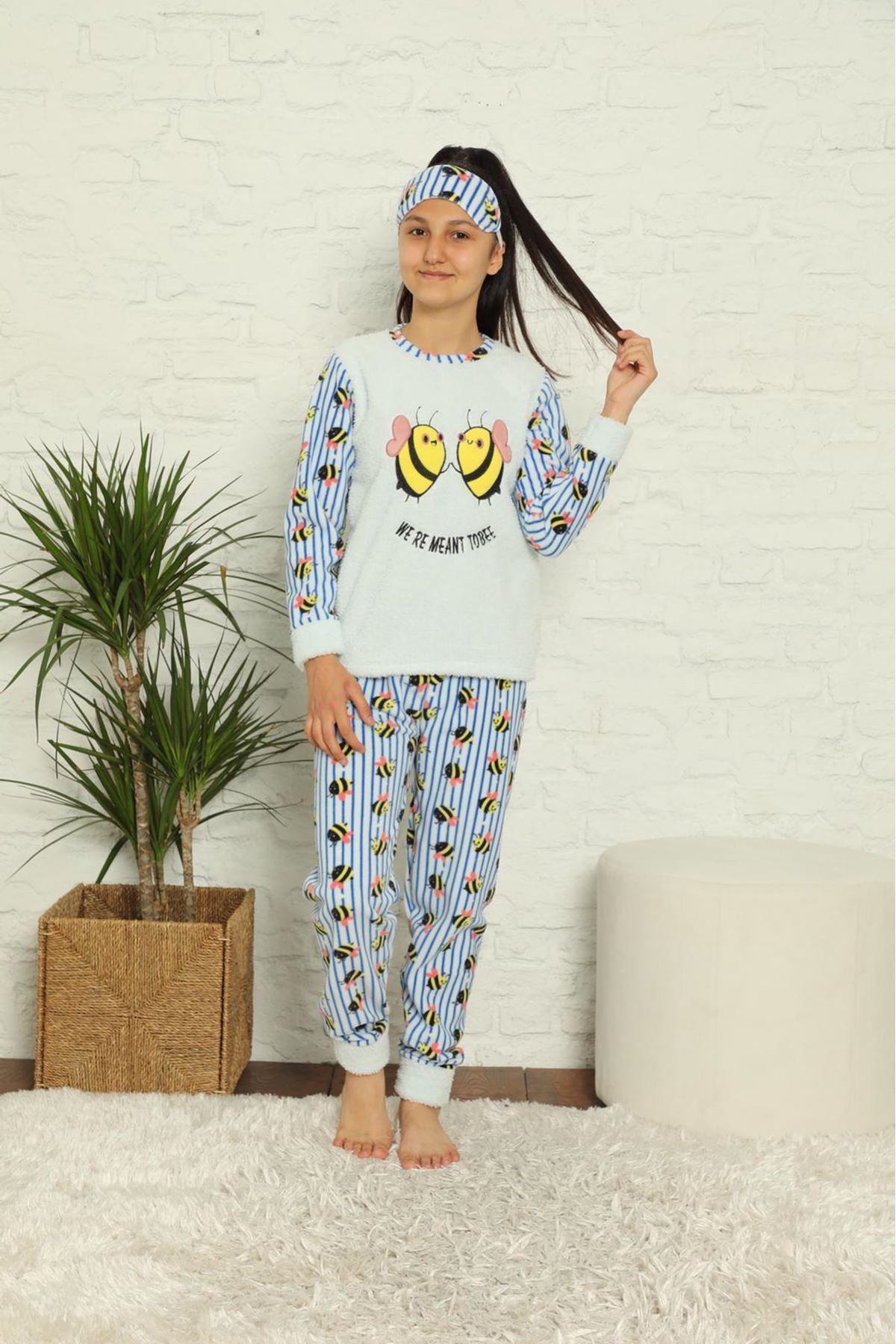 Kız Çocuk Mavi Desenli Kışlık Polar Pijama Takımı 12F-20026-1