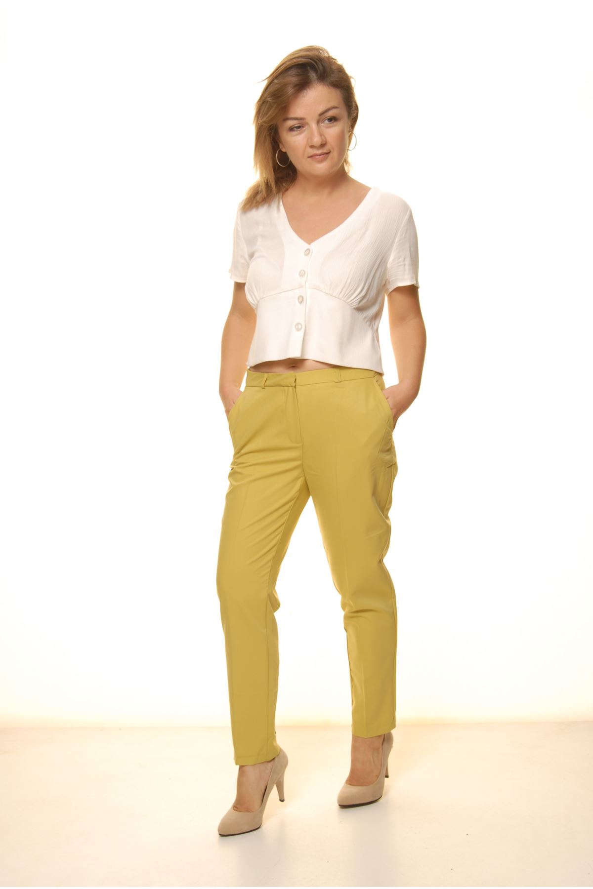 Kadın Limon Yeşili Mevsimlik Yüksek Bel Kumaş Pantolon 16E-4051