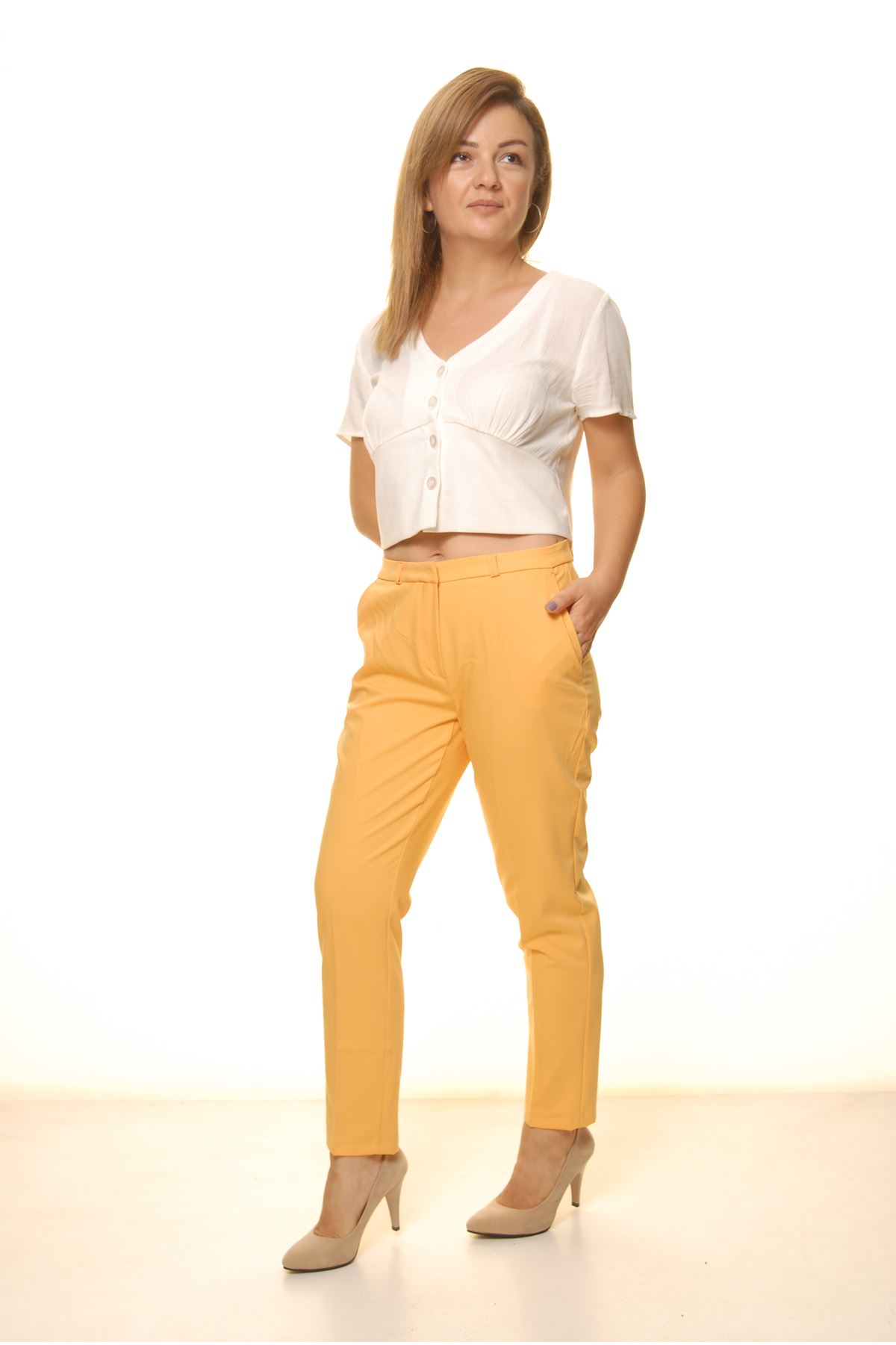 Kadın Hardal Sarı Mevsimlik Yüksek Bel Kumaş Pantolon 16D-4059