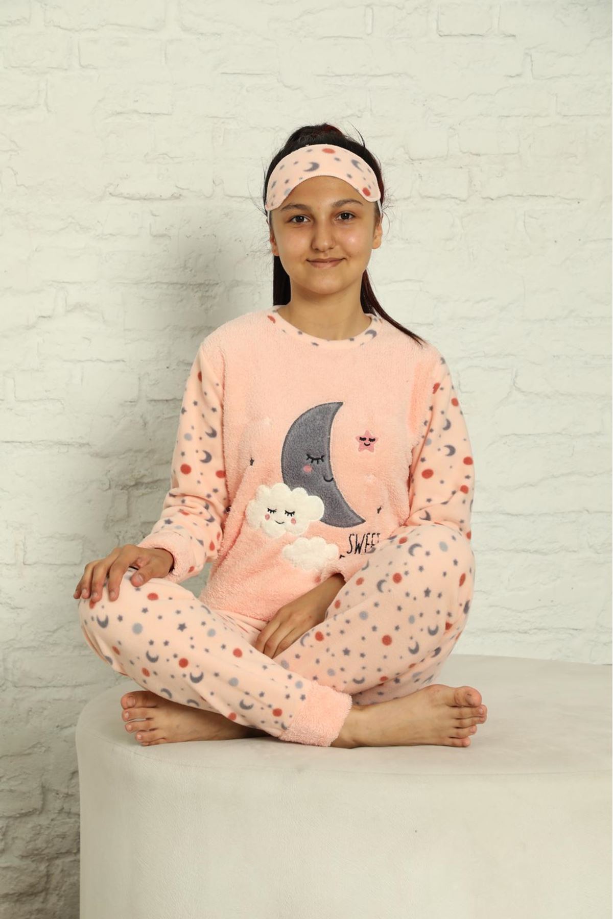 Kız Çocuk Somon Pembe Desenli Kışlık Polar Pijama Takımı 13F-20040-1