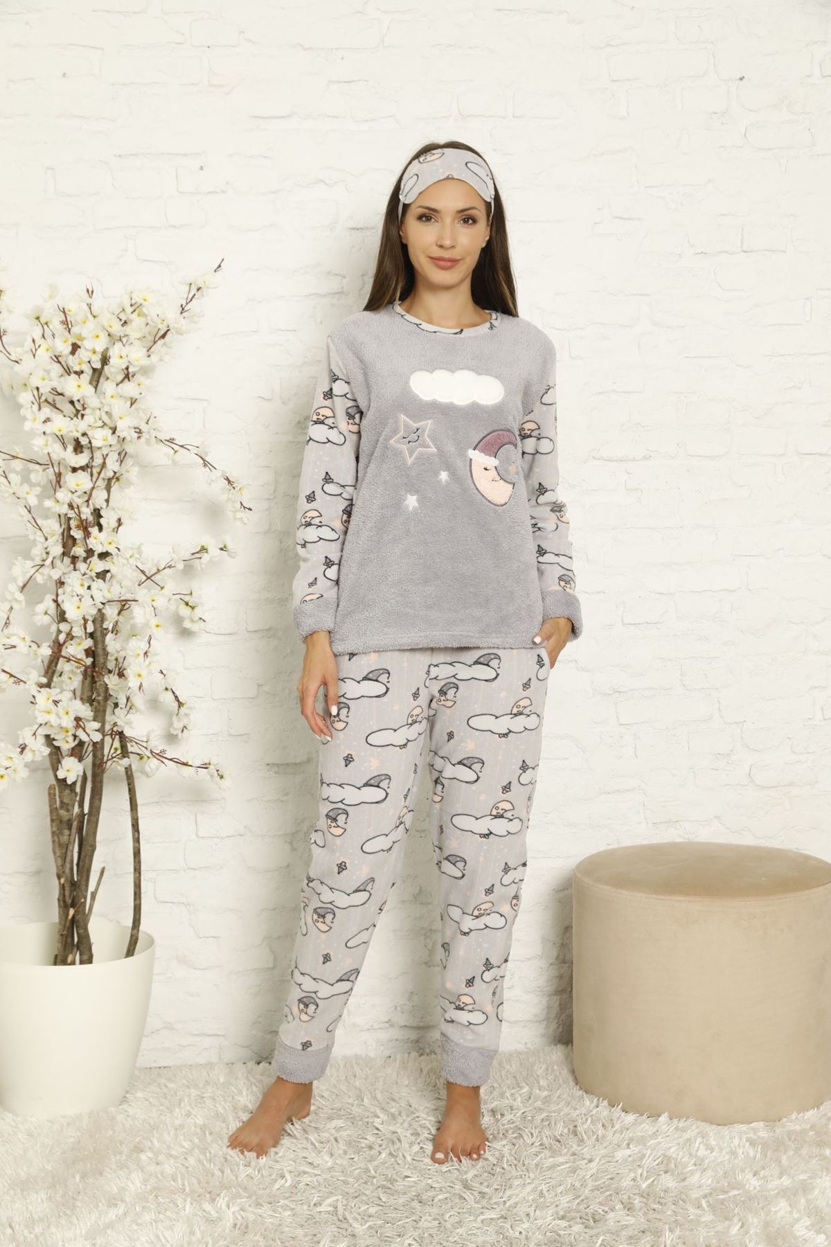Kadın Desenli Kışlık Polar Pijama Takımı 6F-20043-1