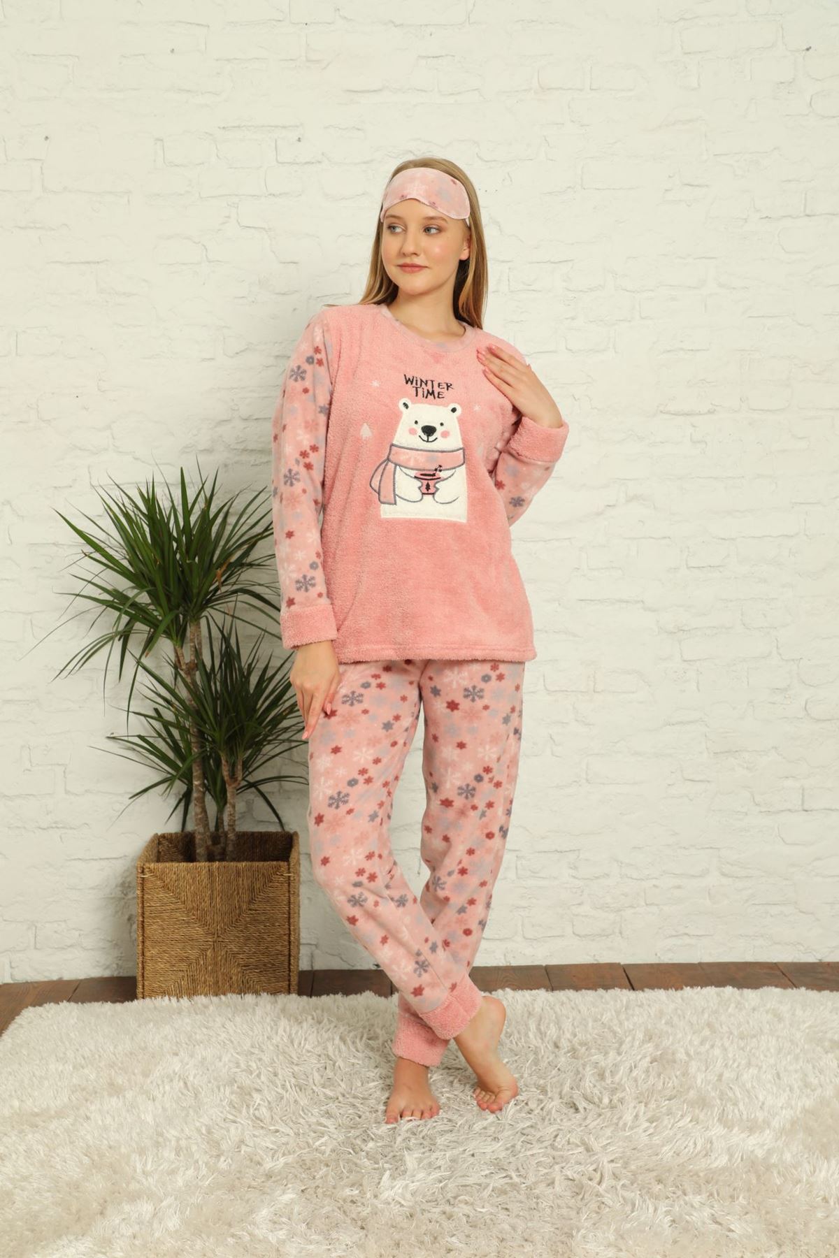 Kadın Pembe Desenli Kışlık Polar Pijama Takımı 6E-20035-1