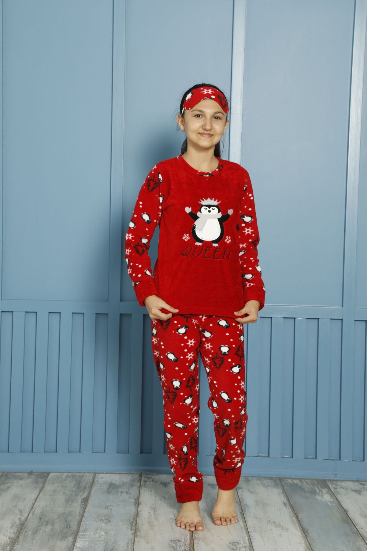 Kız Çocuk Kırmızı Desenli Kışlık Polar Pijama Takımı 5F-20087K