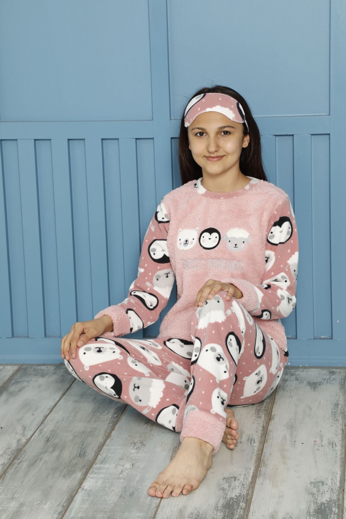 Kız Çocuk Pembe Desenli Kışlık Polar Pijama Takımı 6K-20112