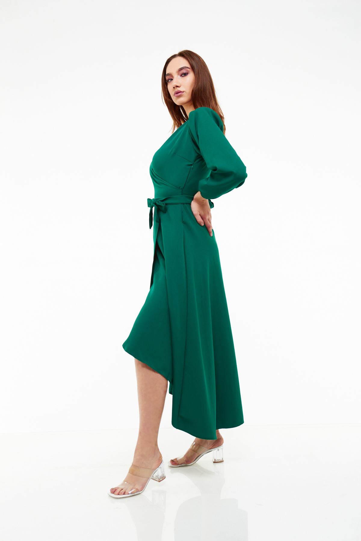 Kadın Yeşil Asimetrik Kruvaze Yaka Elbise 18K-4077
