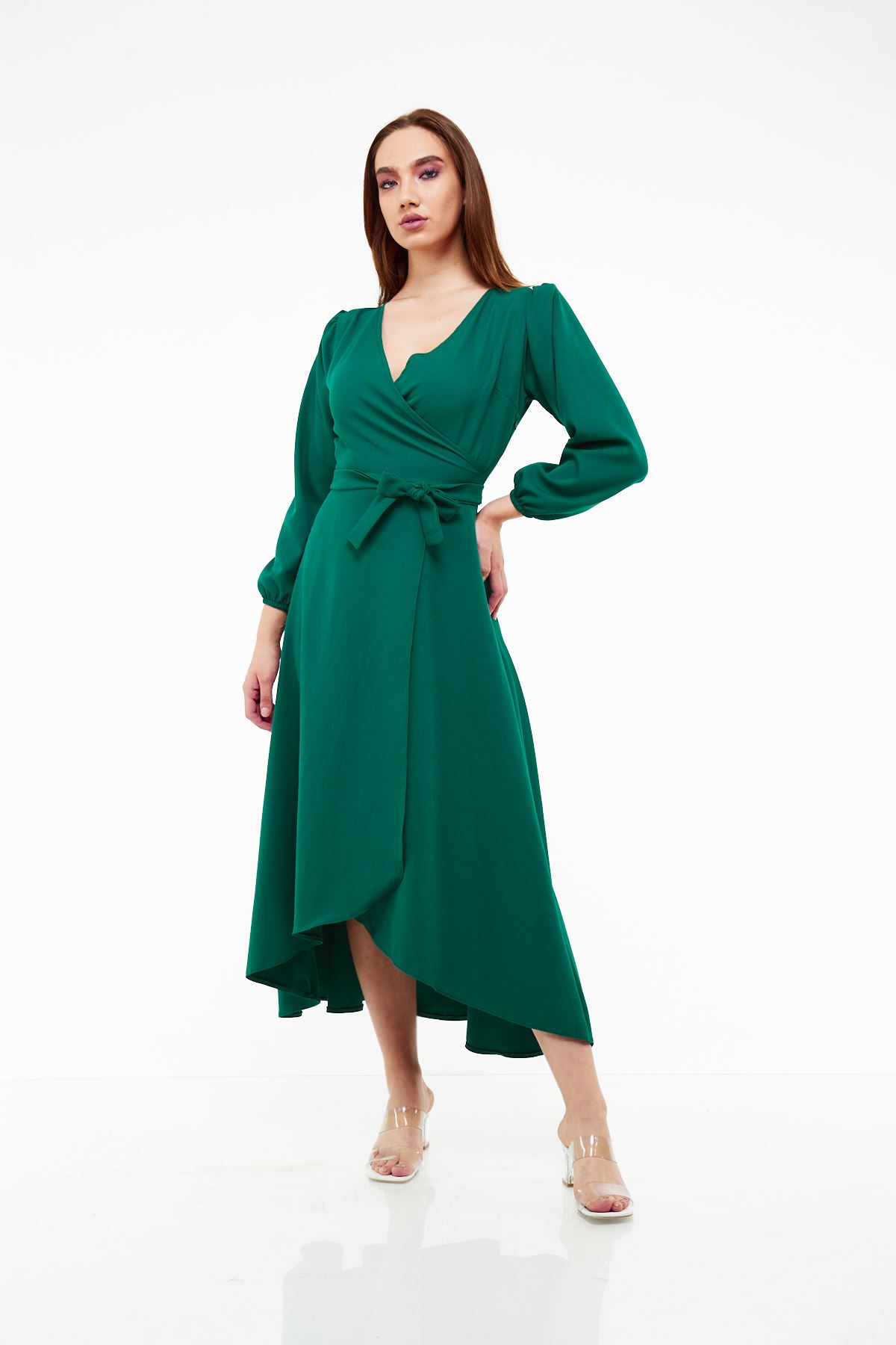 Kadın Yeşil Asimetrik Kruvaze Yaka Elbise 18K-4077