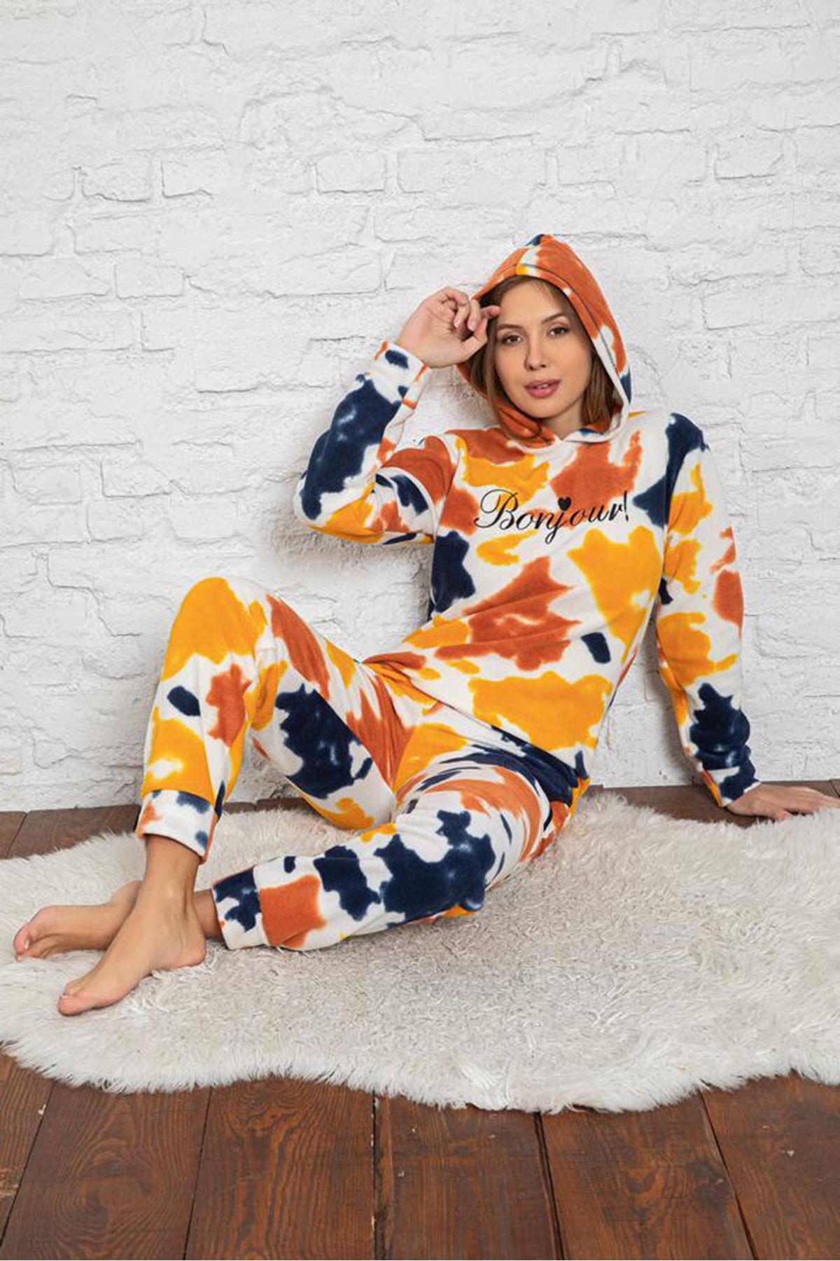 Kadın Renkli Desenli Kışlık Polar Pijama Takım 10K-3014-7