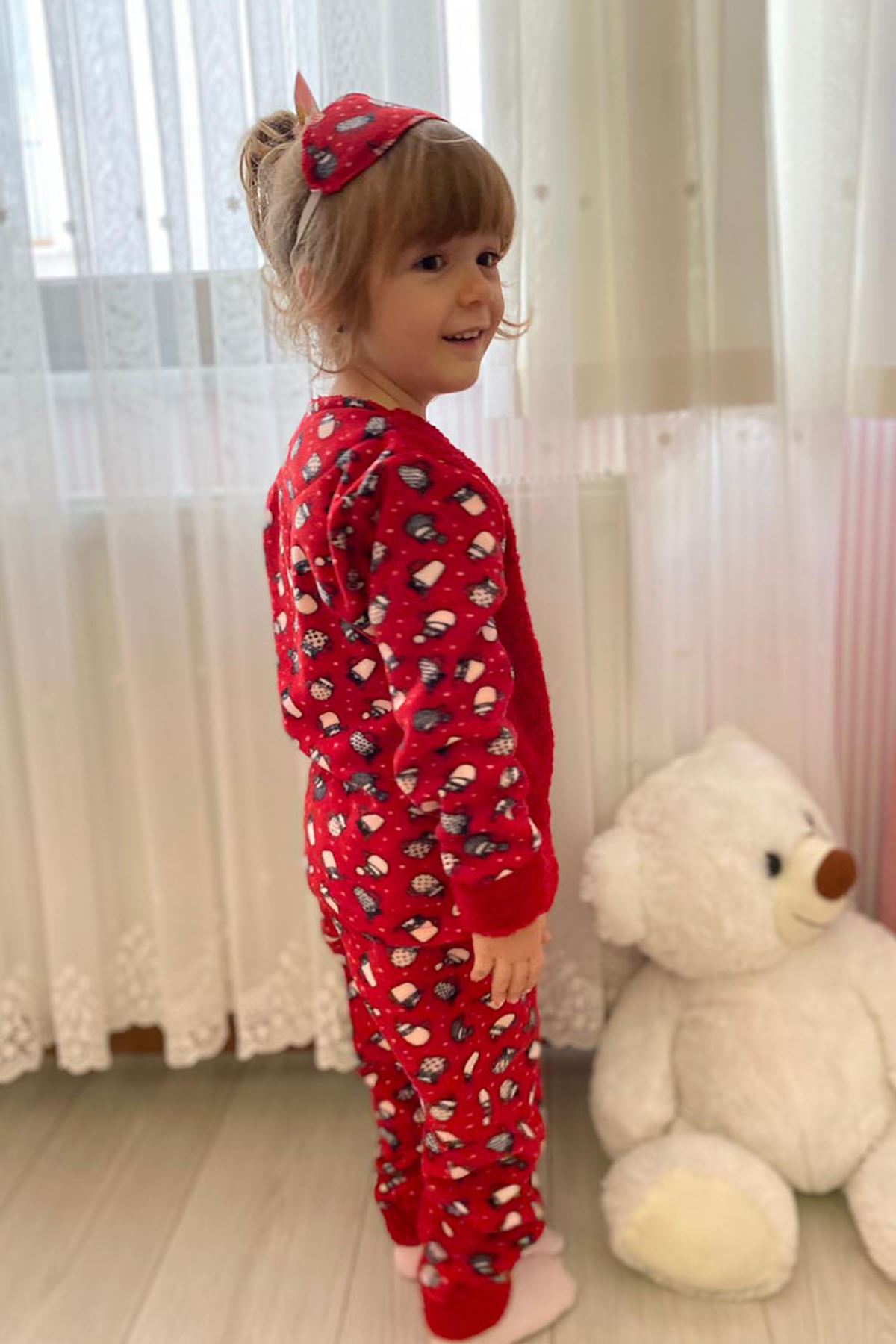Çocuk Kırmızı Desenli Kışlık Polar Pijama Takımı 5K-4502