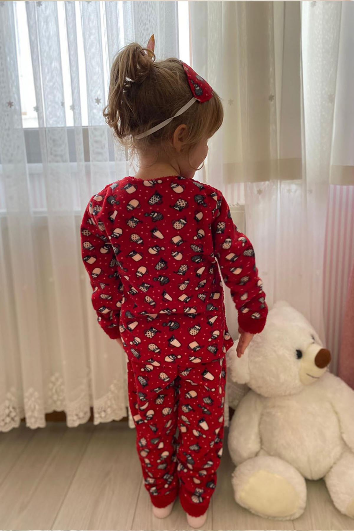 Çocuk Kırmızı Desenli Kışlık Polar Pijama Takımı 5K-4502