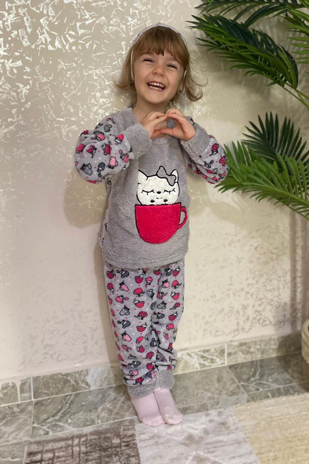 Çocuk Gri Desenli Kışlık Polar Pijama Takımı 5K-4502G