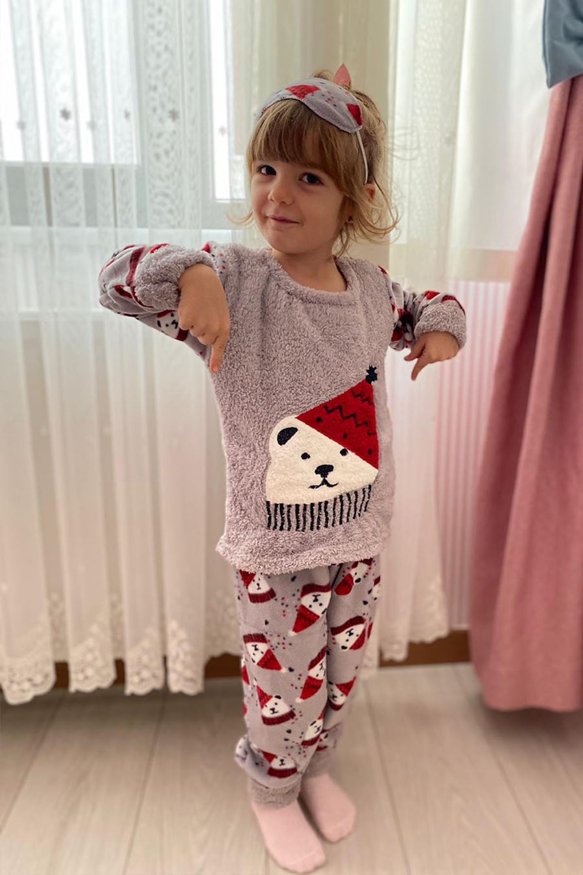 Çocuk Gri Desenli Kışlık Polar Pijama Takımı 5K-3037G