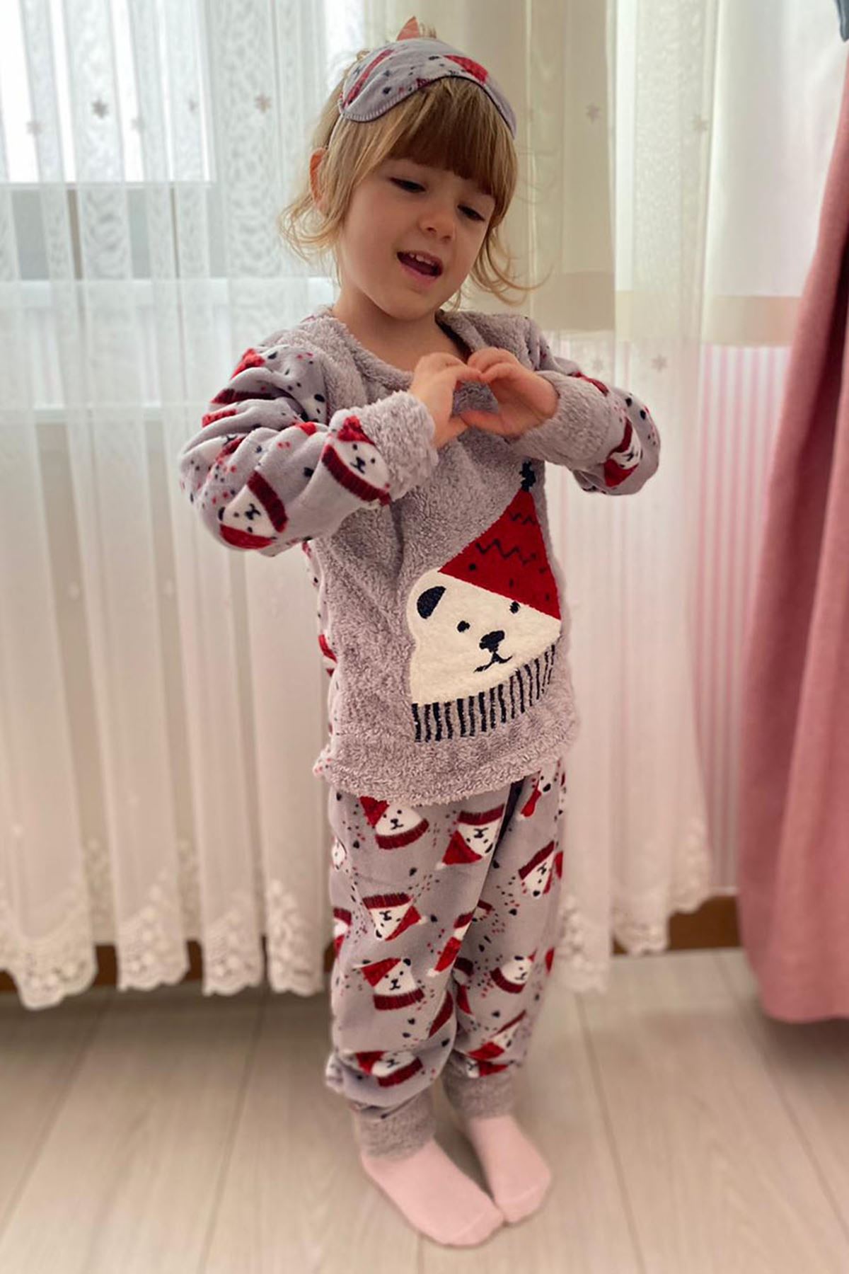 Çocuk Gri Desenli Kışlık Polar Pijama Takımı 5K-3037G