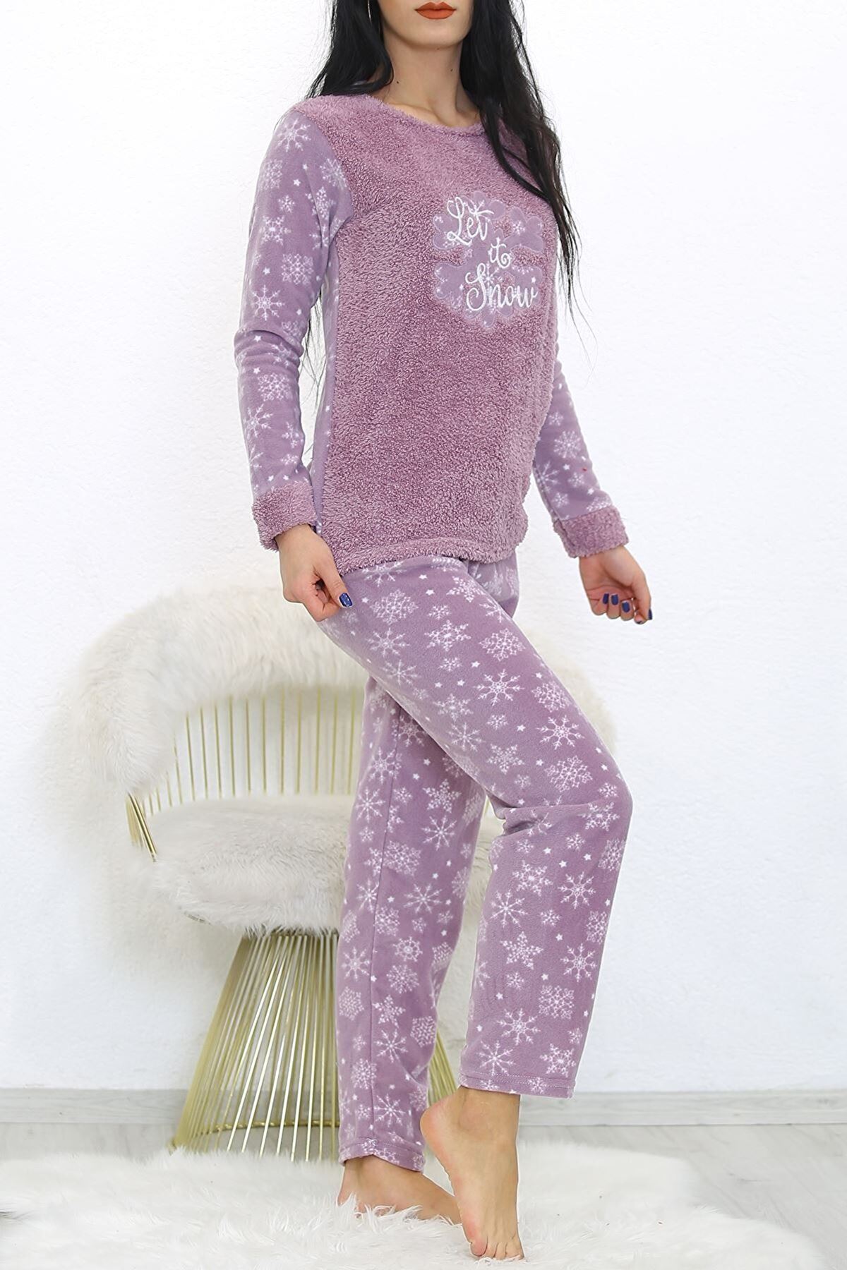 Kadın Mor Desenli Kışlık Polar Peluş Pijama Takımı 18D-1938