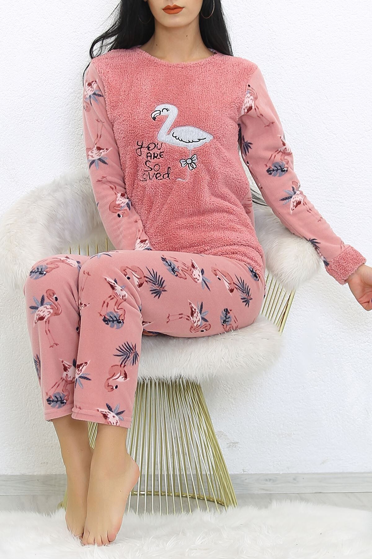 Kadın Pembe Desenli Kışlık Polar Peluş Pijama Takımı 18D-1935