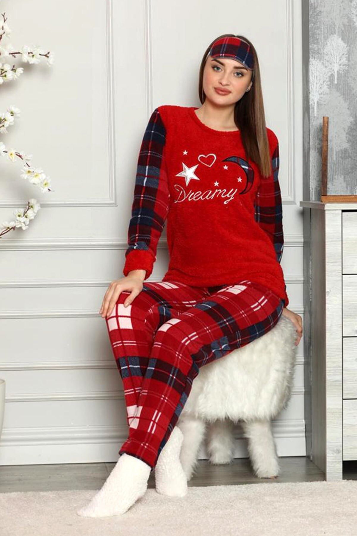 Kırmızı Ekoseli Kışlık Welsoft Peluş Pijama 8D-1163-2