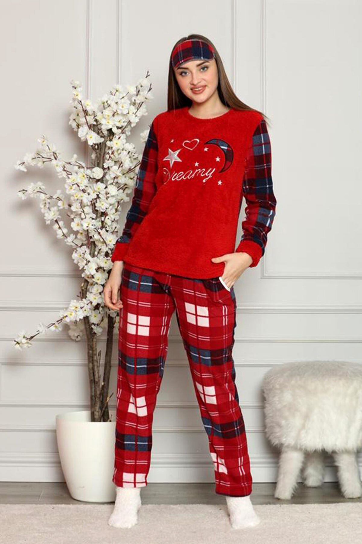 Kırmızı Ekoseli Kışlık Welsoft Peluş Pijama 8D-1163-2