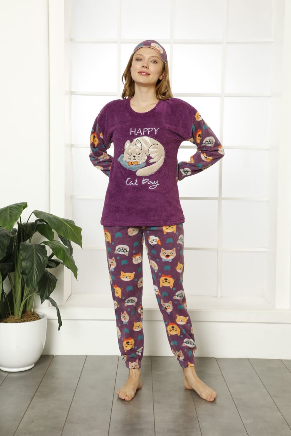 Kadın Desenli Kışlık Welsoft Yumuşak Pijama Takım 18E-14175