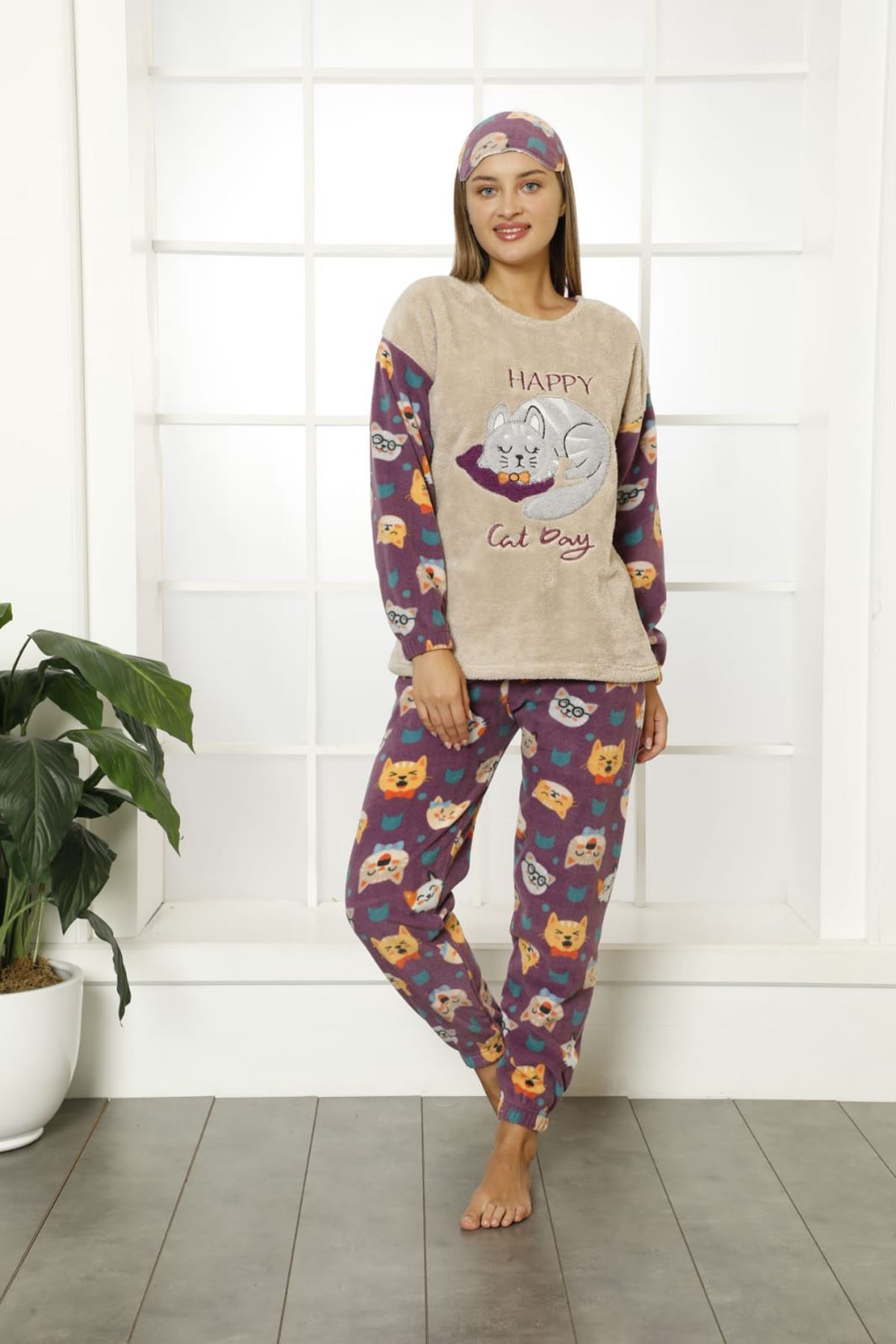 Kadın Desenli Kışlık Welsoft Yumuşak Pijama Takım 18E-14175B