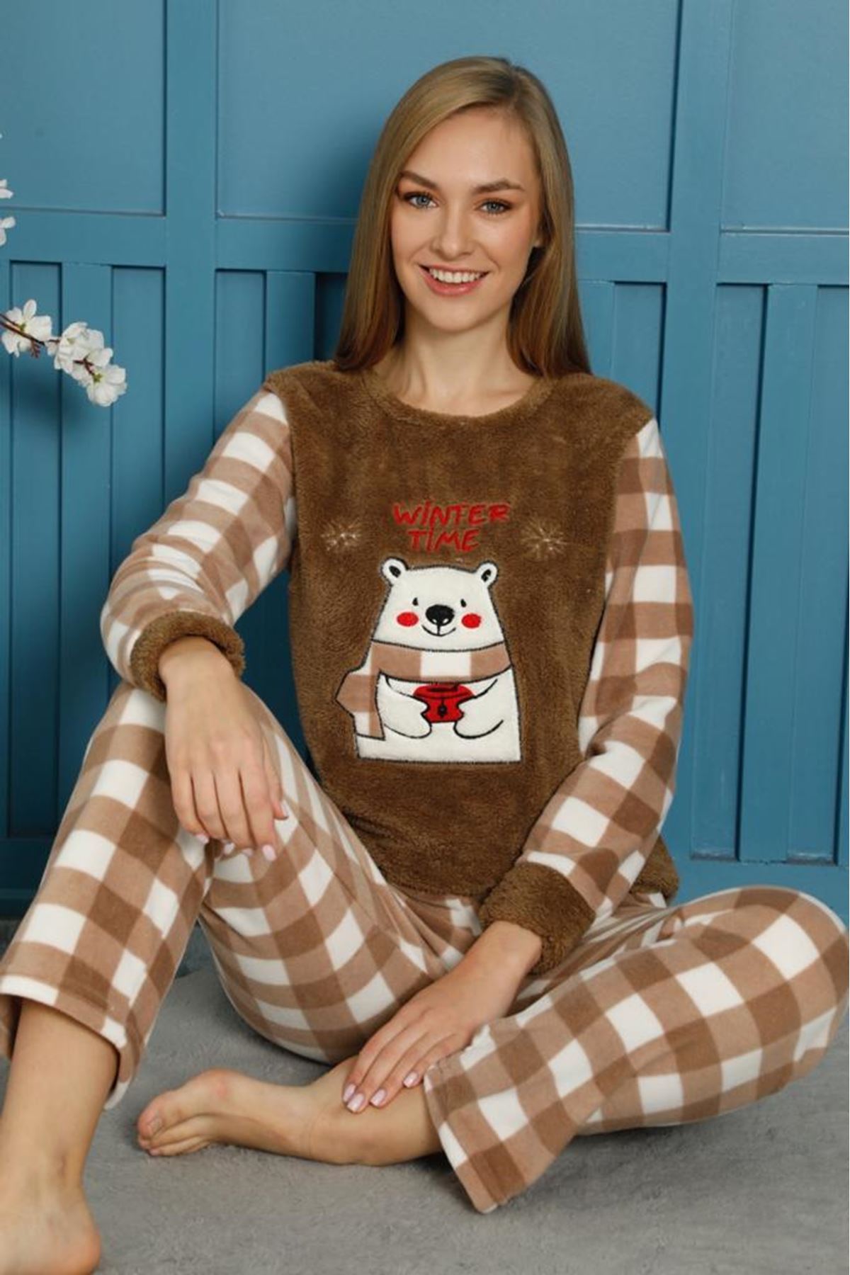 Kadın Ekoseli Sevimli Kışlık Polar Pijama Takım 6C-18527