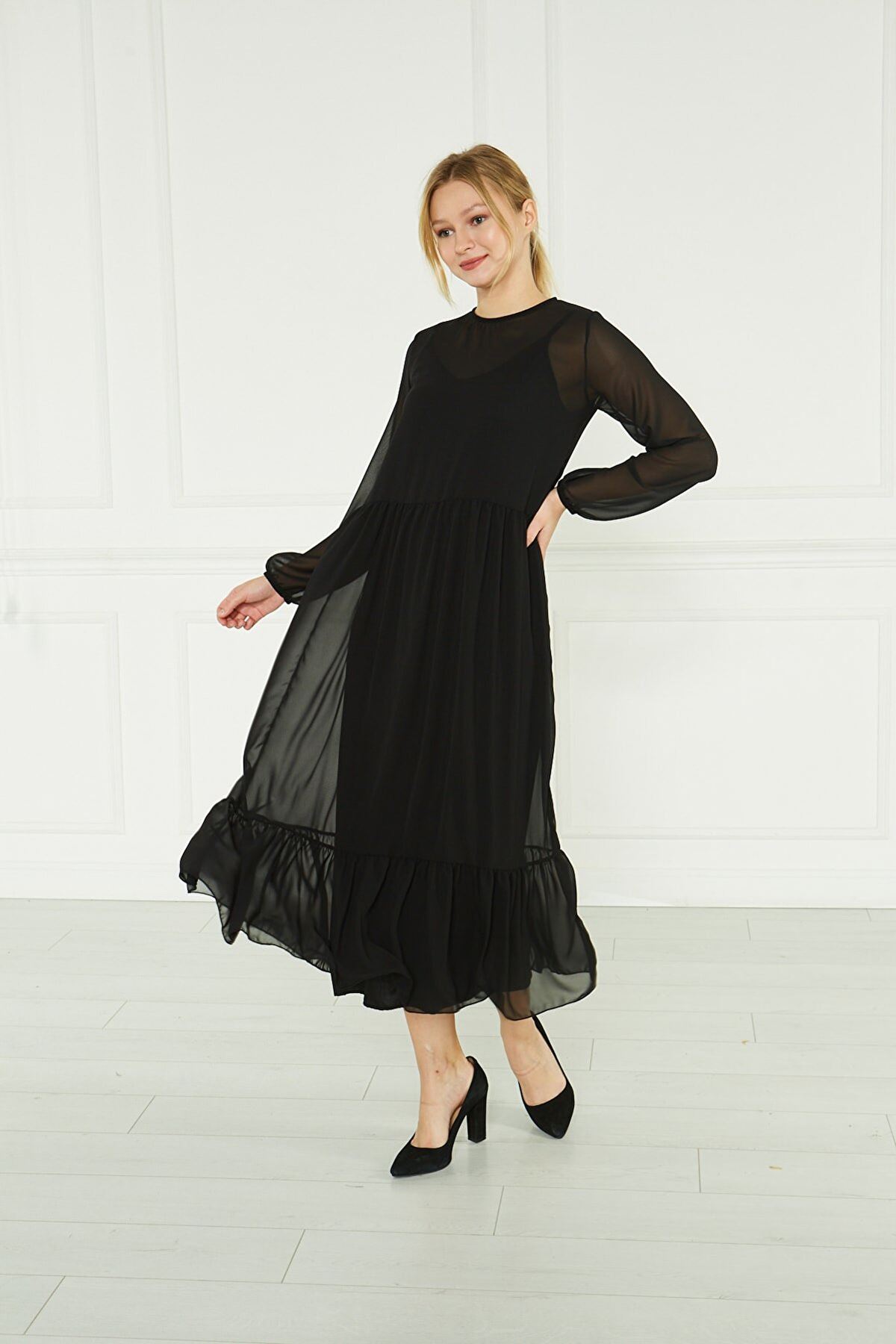  Kadın Uzun Siyah Şifon Astarlı Salaş Elbise 18D-5004