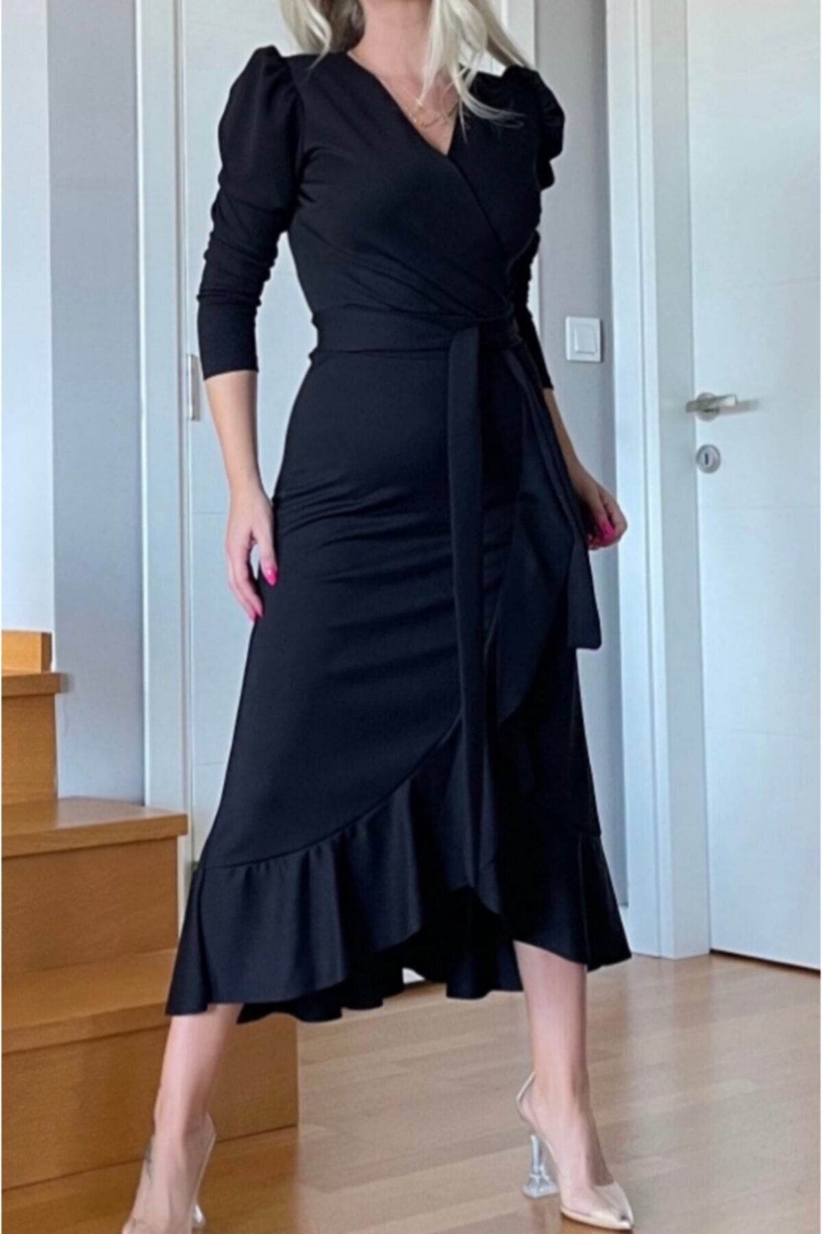 Kadın Krep Kumaş Midi Boy Kuşaklı Siyah Elbise 18D-5003