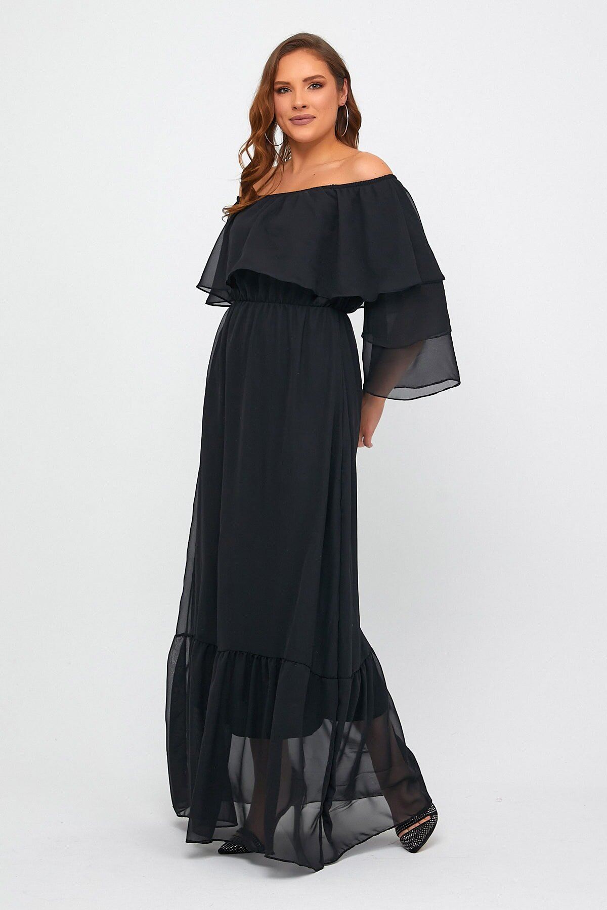 Kadın Carmen Yaka Madonna Siyah Uzun Şifon Elbise 17E-5009