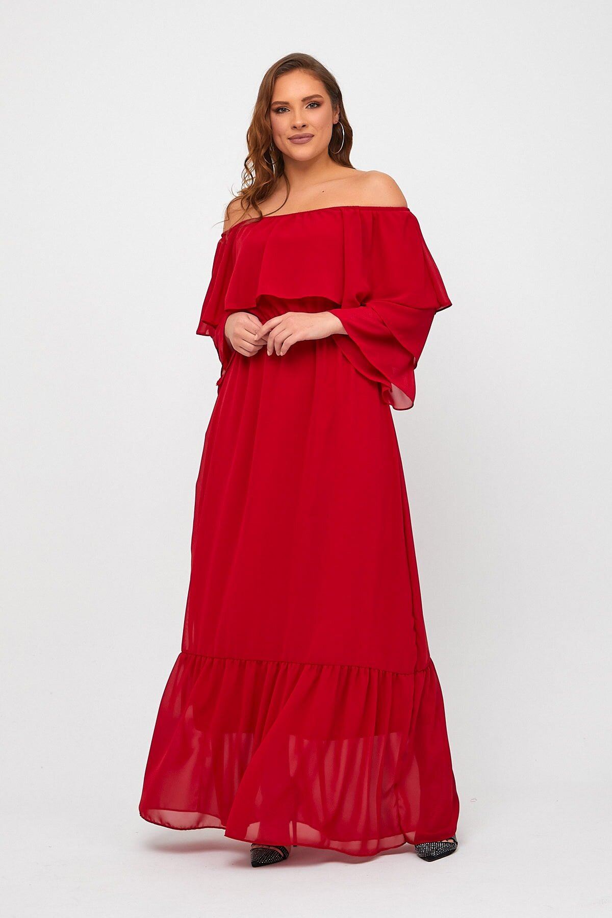 Kadın Carmen Yaka Madonna Kırmızı Uzun Şifon Elbise 17E-5008