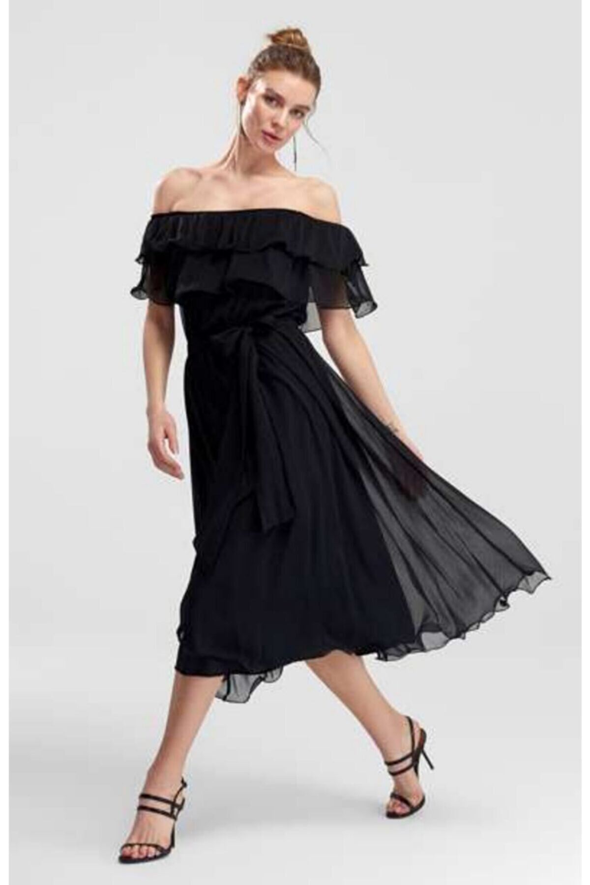  Kadın Carmen Yaka Şifon Siyah Elbise 2D-5010
