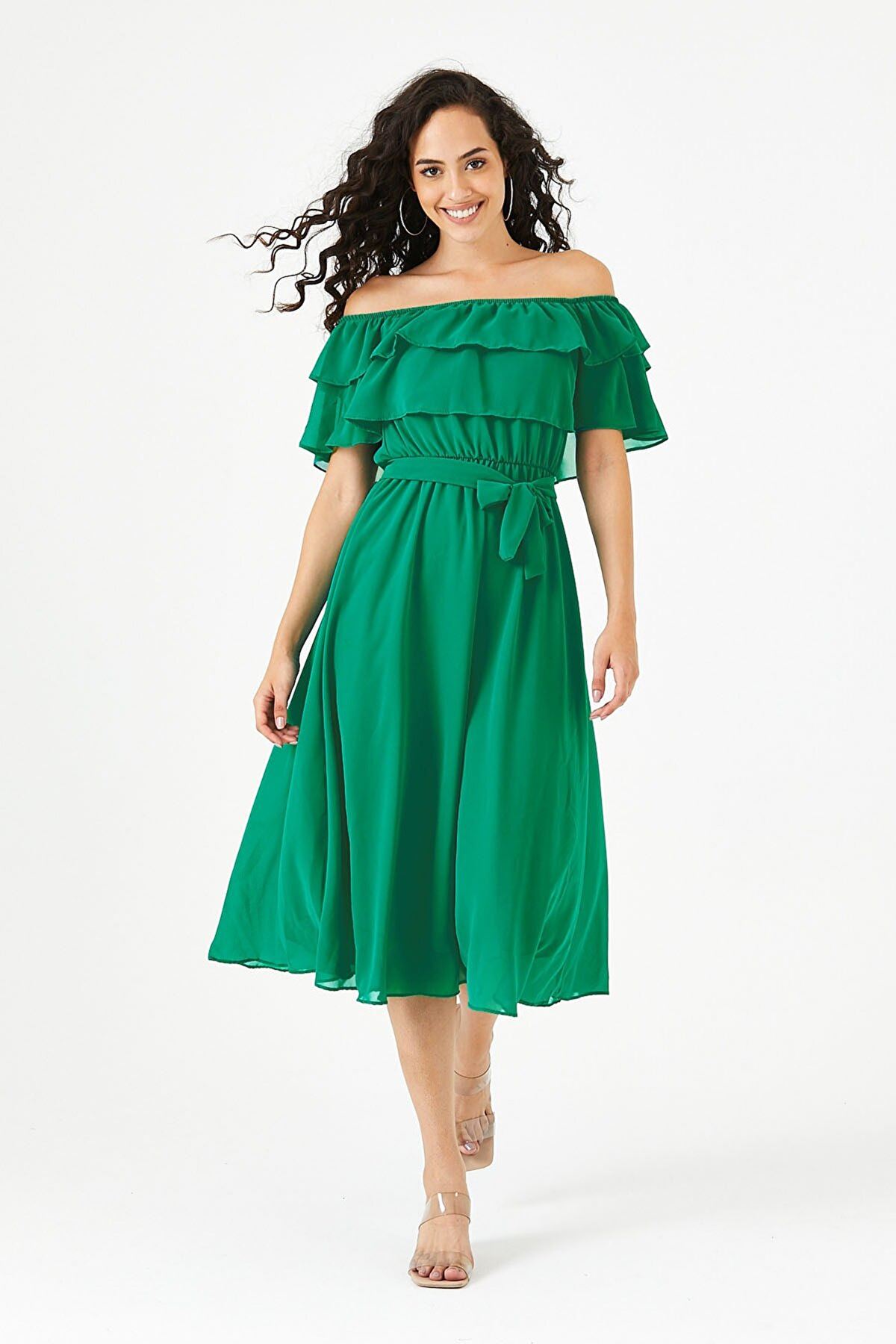  Kadın Carmen Yaka Şifon Yeşil Elbise 2D-5011