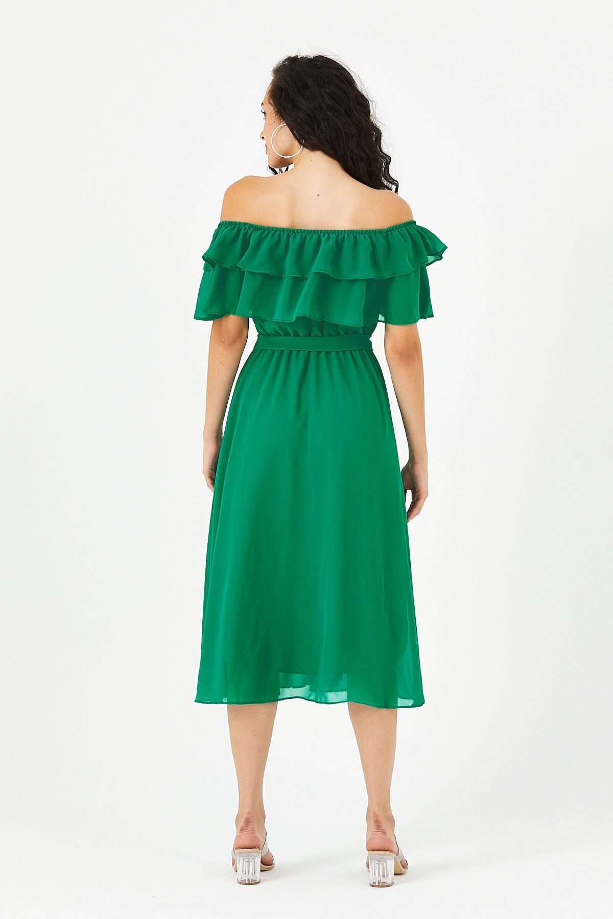  Kadın Carmen Yaka Şifon Yeşil Elbise 2D-5011