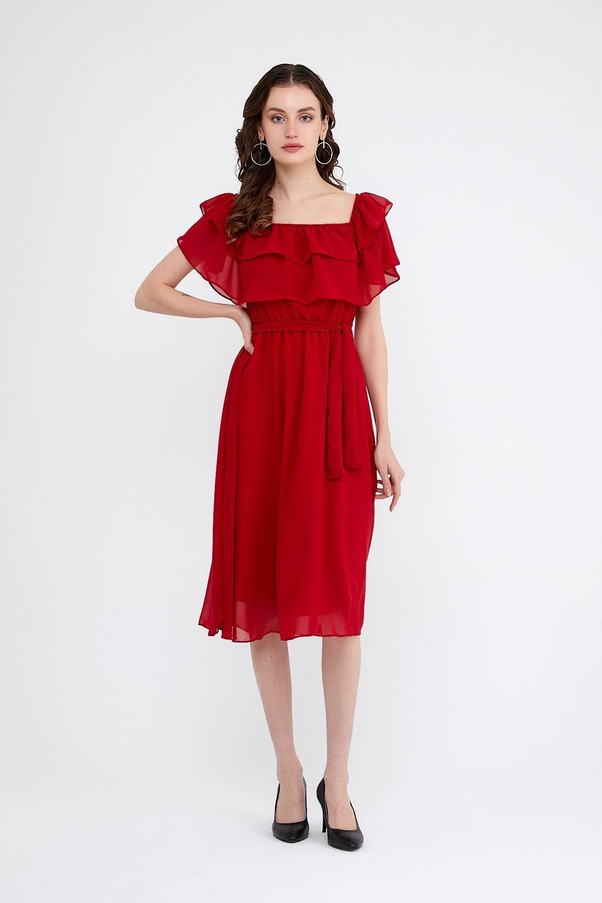  Kadın Carmen Yaka Şifon Kırmızı Elbise 2D-5012