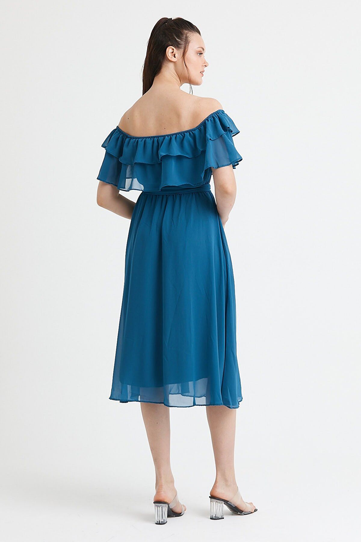  Kadın Carmen Yaka Şifon Petrol Mavisi Elbise 2D-5013