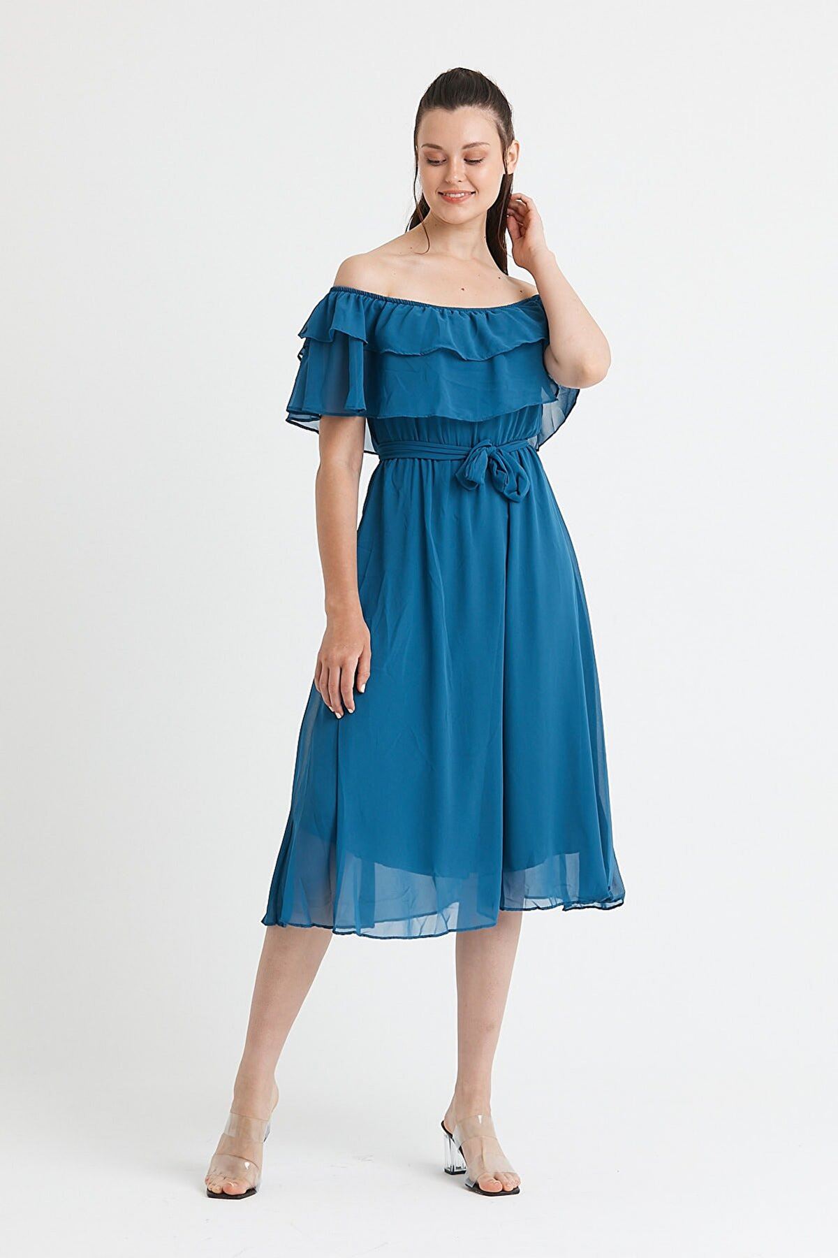  Kadın Carmen Yaka Şifon Petrol Mavisi Elbise 2D-5013