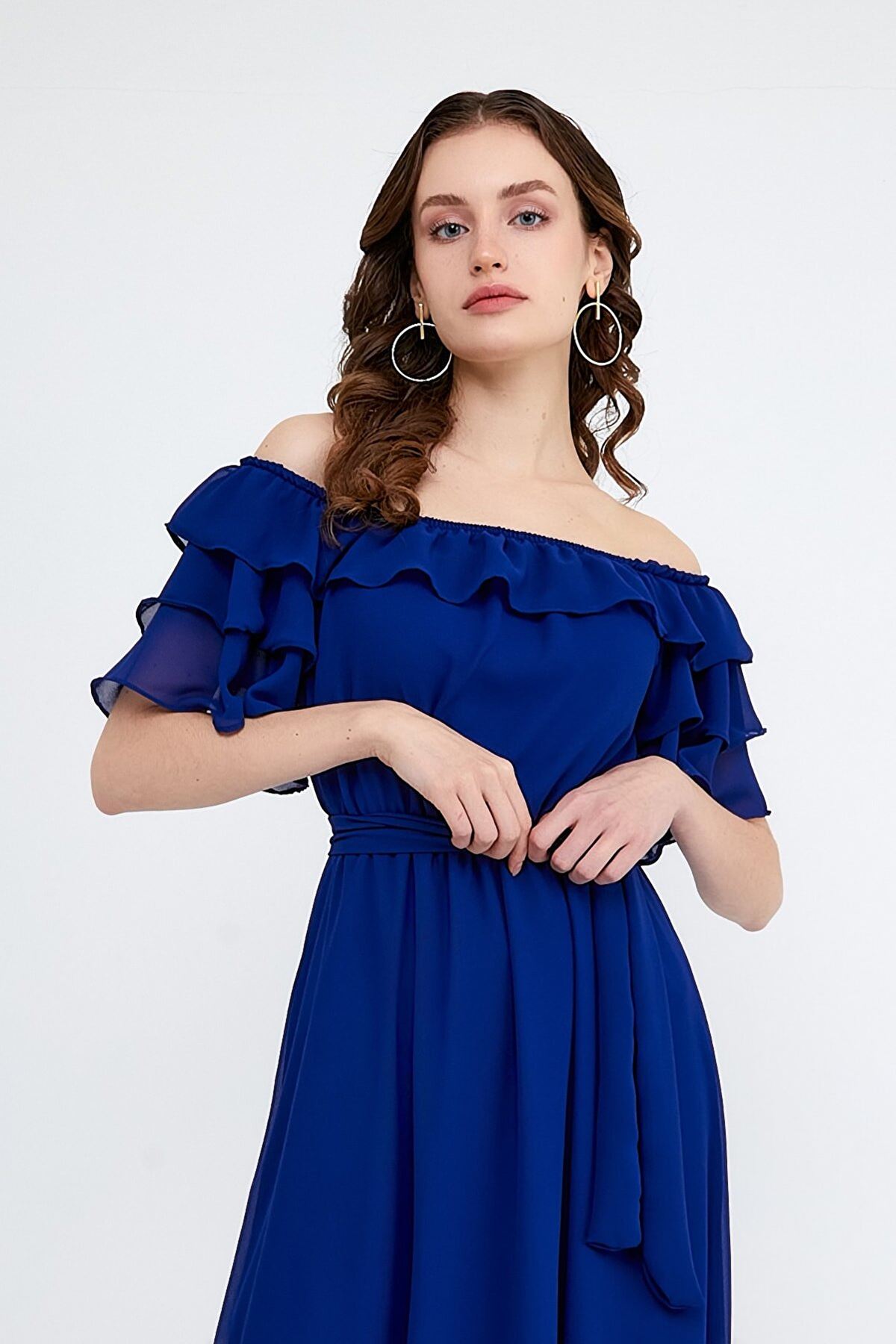  Kadın Carmen Yaka Şifon Saks Mavi Elbise 2E-5014