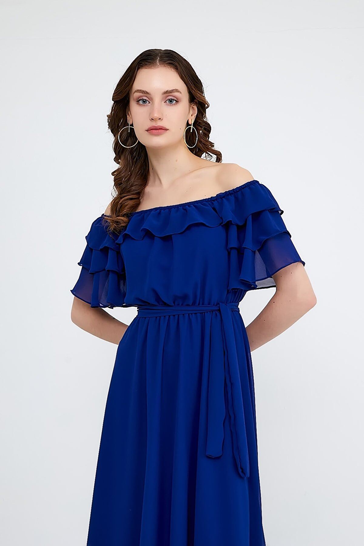  Kadın Carmen Yaka Şifon Saks Mavi Elbise 2E-5014