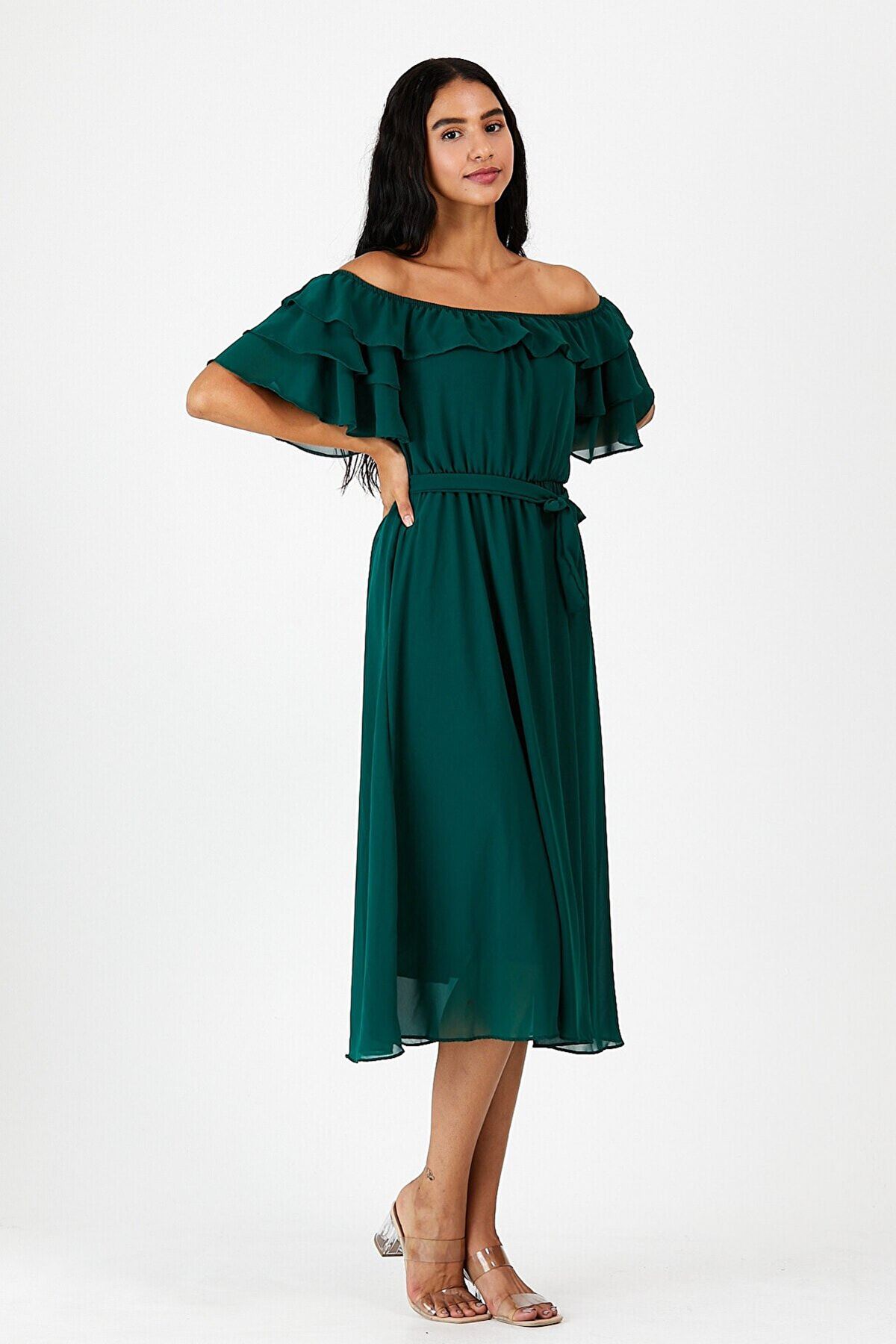  Kadın Carmen Yaka Şifon Zümrüt Yeşil Elbise 2E-5015