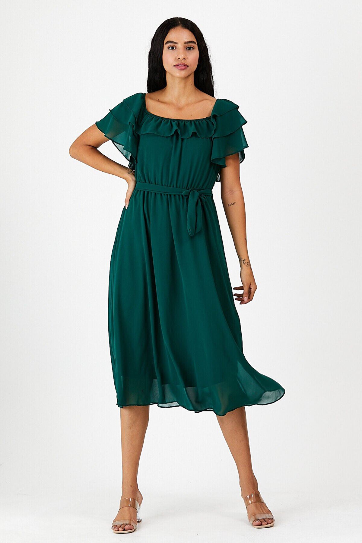  Kadın Carmen Yaka Şifon Zümrüt Yeşil Elbise 2E-5015