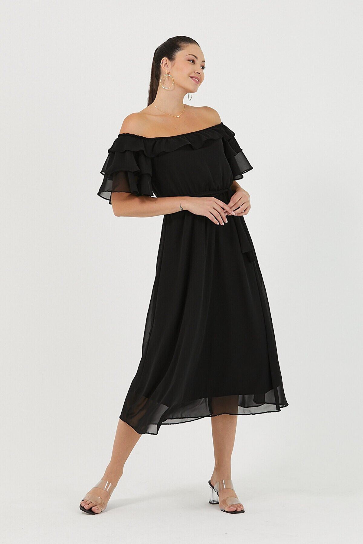  Kadın Carmen Yaka Şifon Siyah Elbise 2E-5017