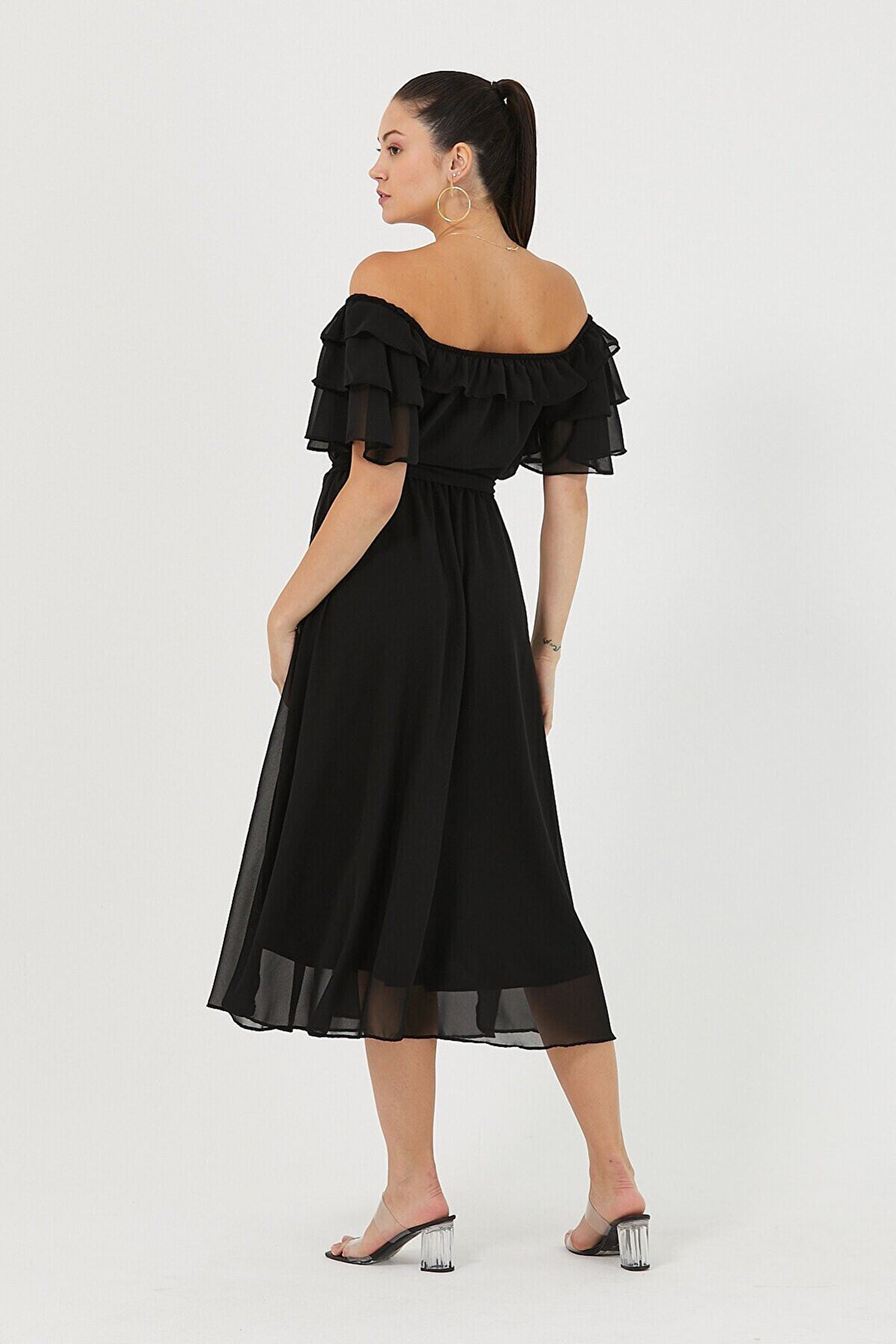  Kadın Carmen Yaka Şifon Siyah Elbise 2E-5017