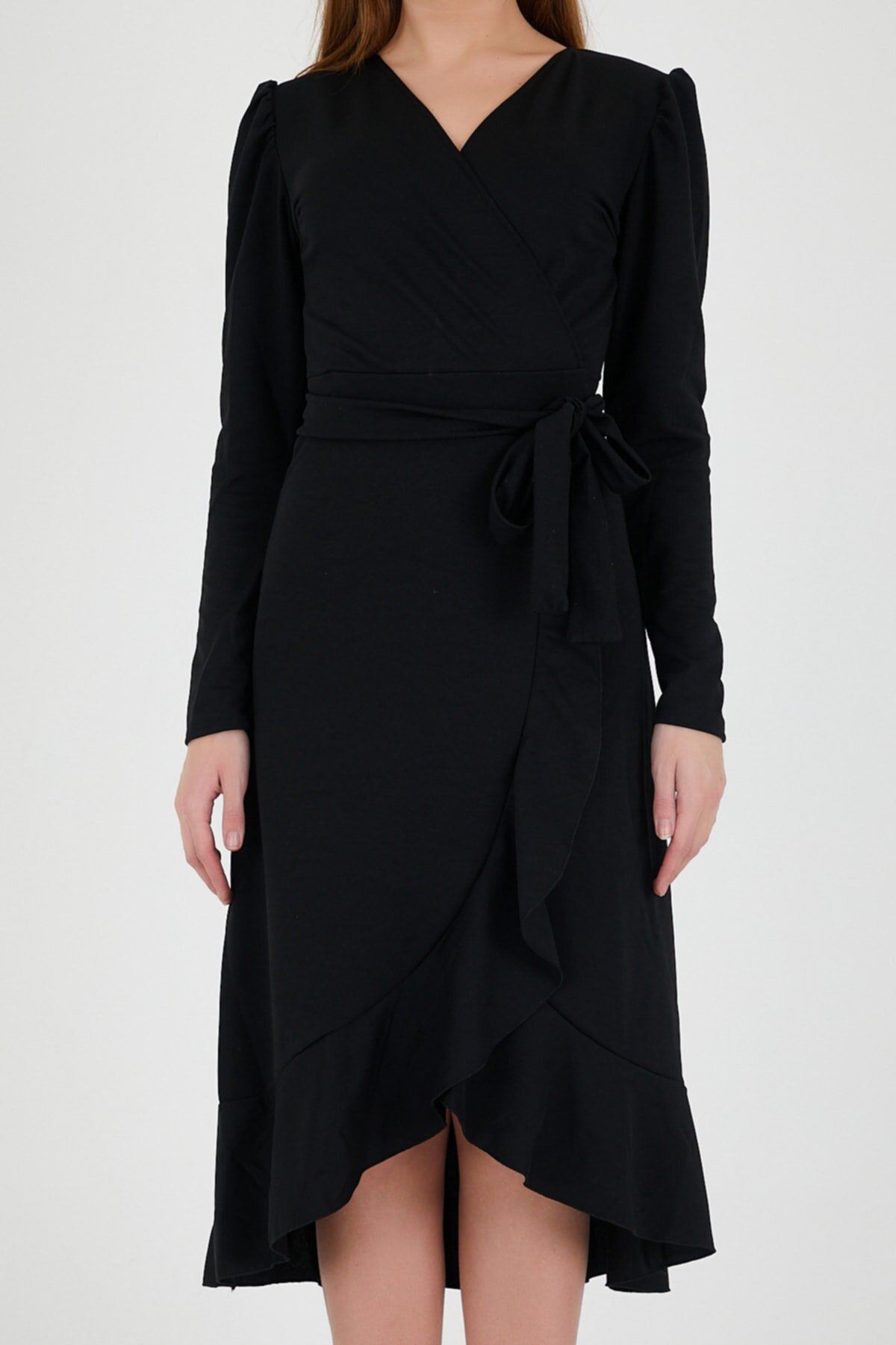 Kadın Krep Kumaş Midi Boy Kuşaklı Siyah Elbise 18D-5003