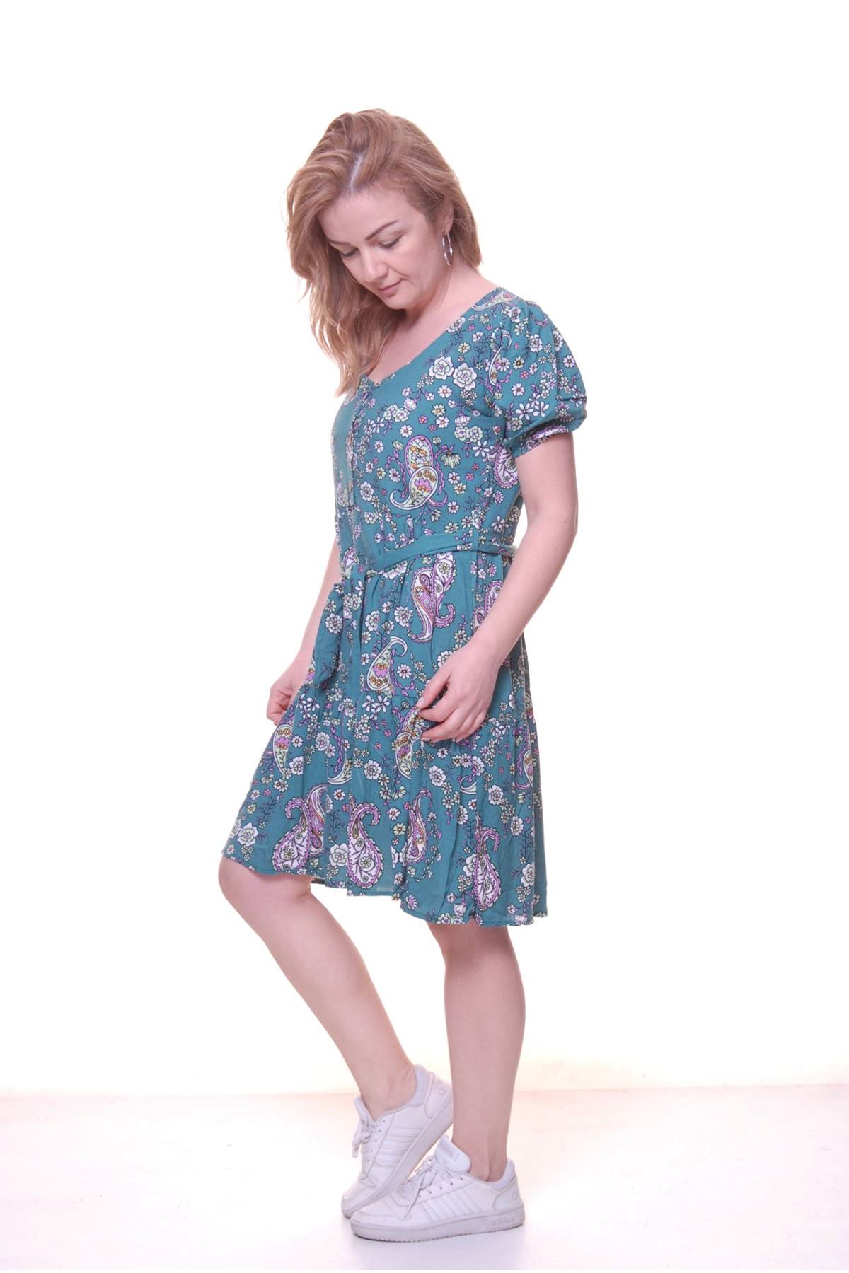 Kadın Renkli Kuşaklı Asimetrik Kesim Midi Yazlık Elbise 11D-5046
