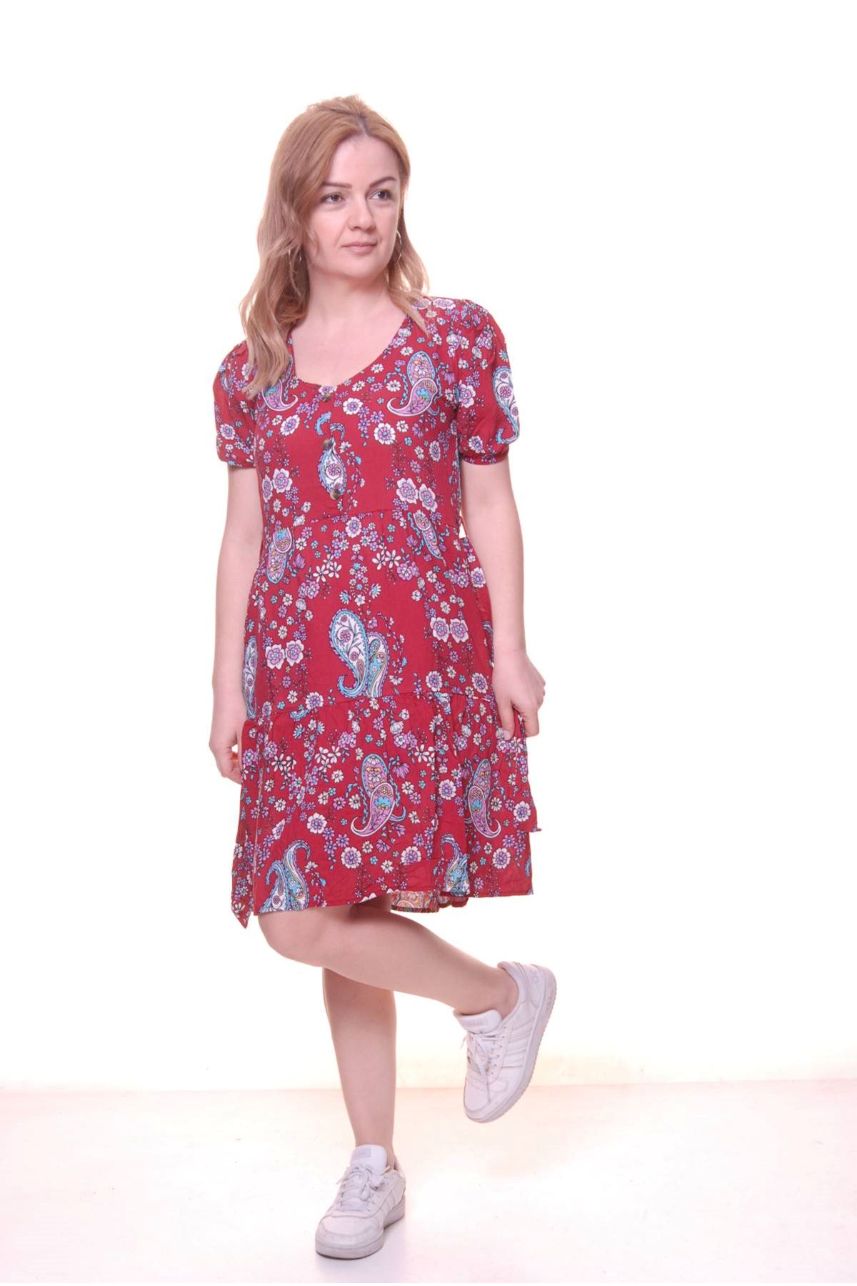 Kadın Renkli Kuşaklı Asimetrik Kesim Midi Yazlık Elbise 11D-5047