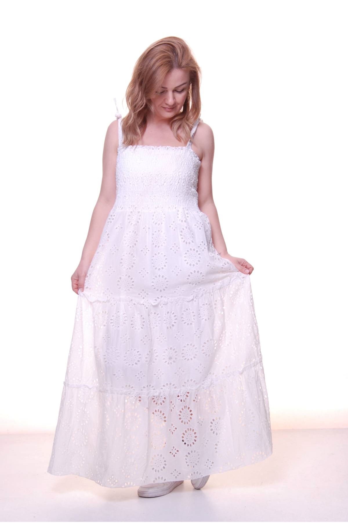 Kadın Beyaz Uzun Fisto Brode Astarlı Dokuma Yazlık Elbise 11A-5055