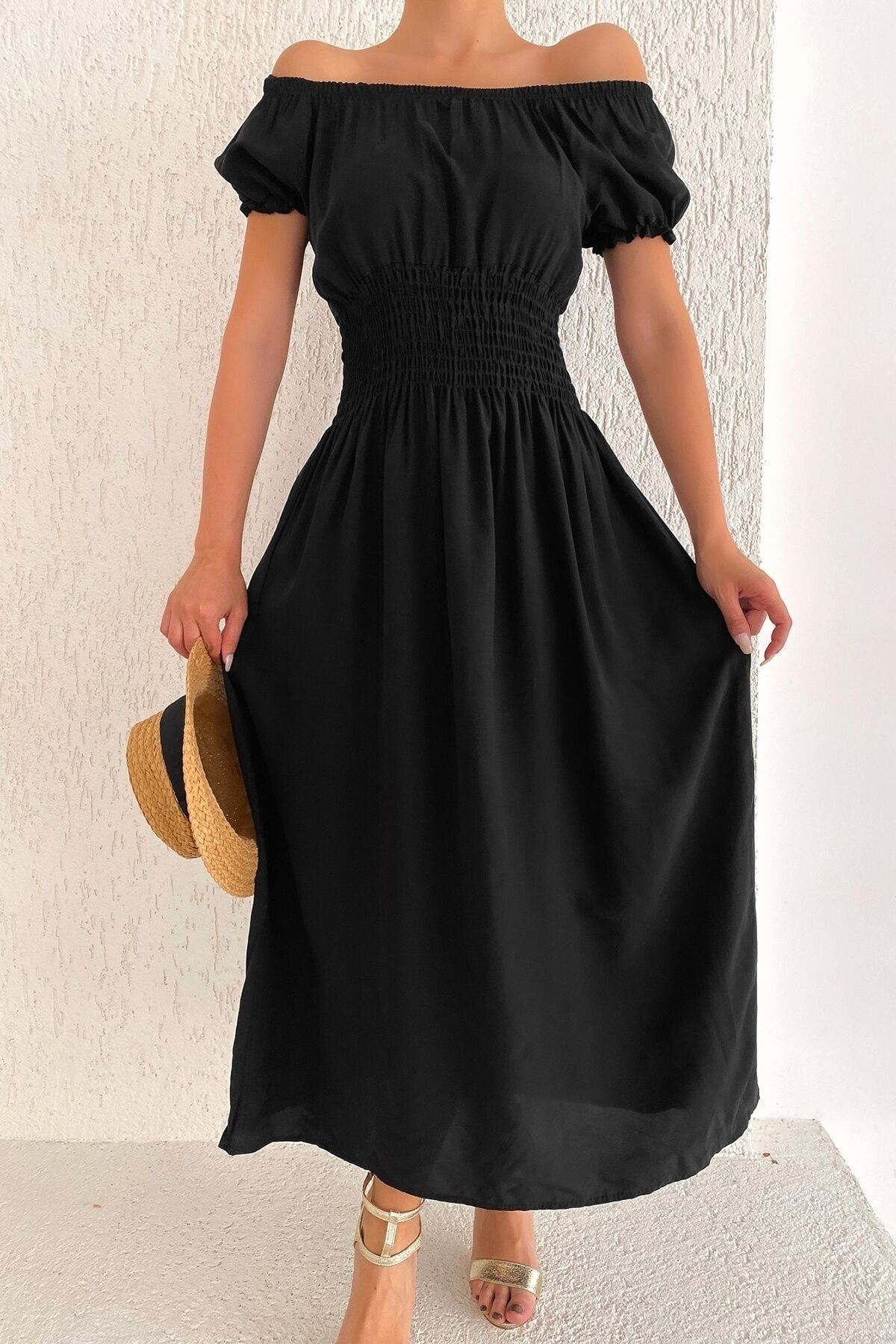Kadın Madonna Yaka Siyah Gipeli Yazlık Elbise 12C-5050
