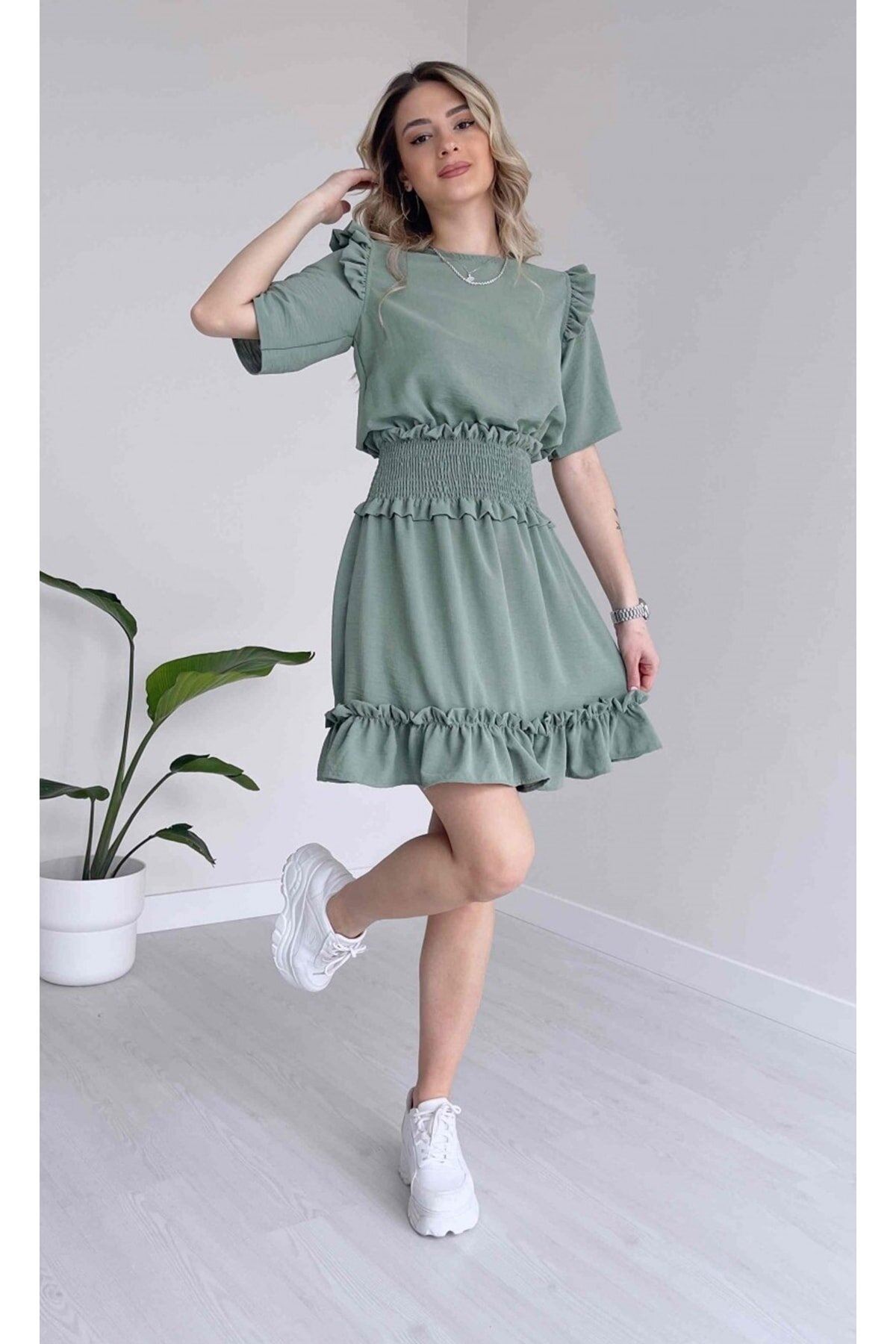 Kadın Aerobin Kumaş Beli Gipeli Kısa Kollu Mint Yeşil Mini Elbise 12A-5059