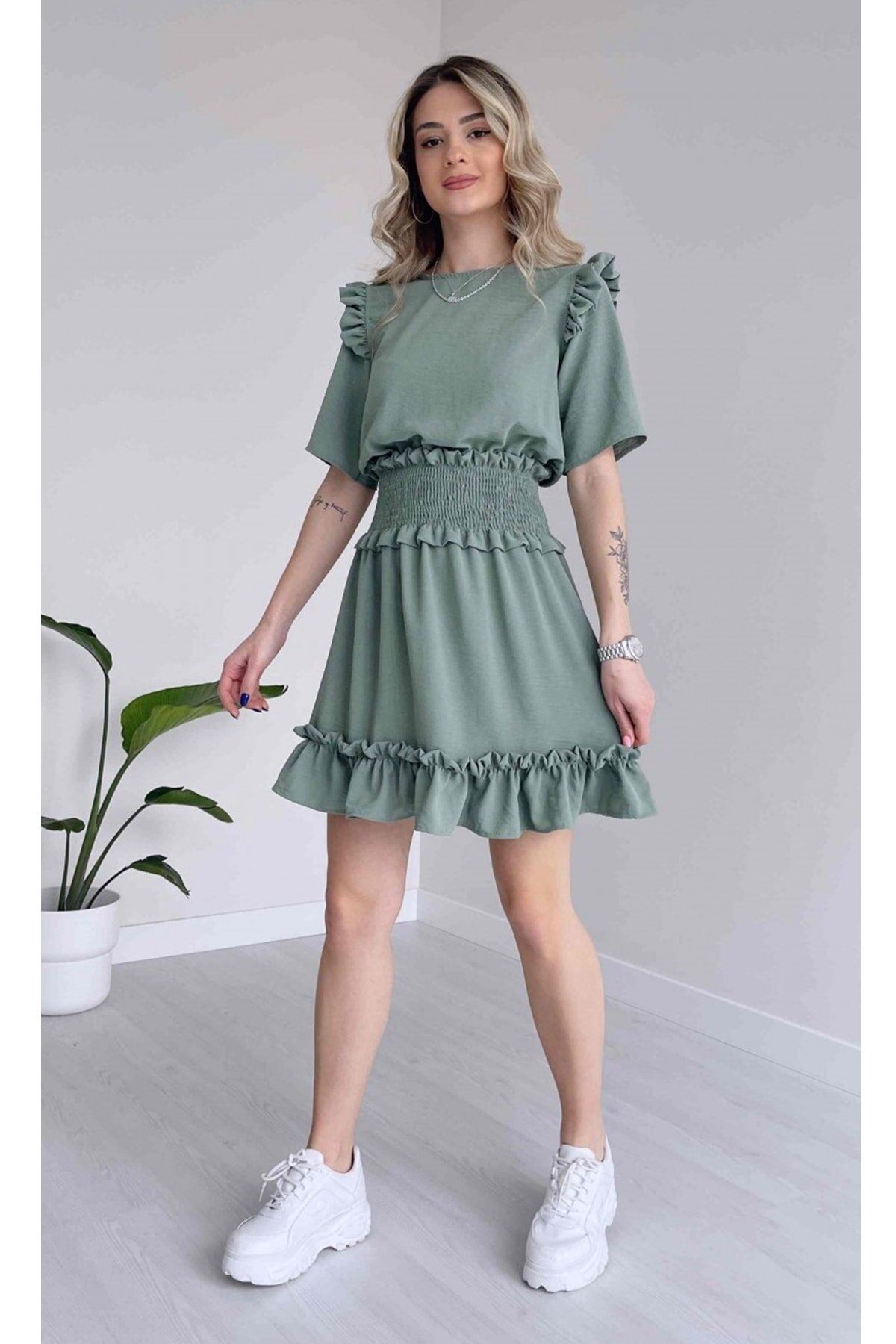 Kadın Aerobin Kumaş Beli Gipeli Kısa Kollu Mint Yeşil Mini Elbise 12A-5059