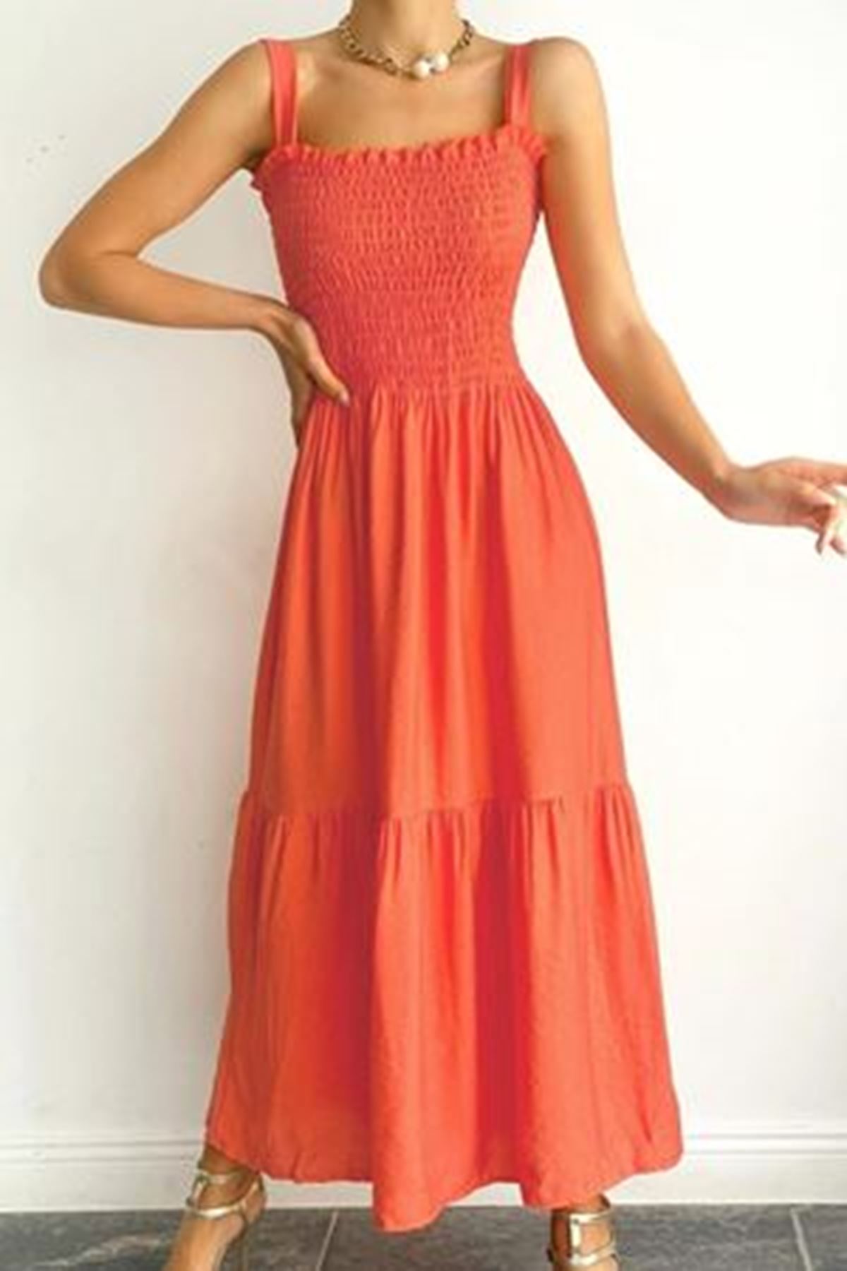 Kadın Askılı  Gipeli Turuncu Düz Renk Yazlık Elbise 12A-5062