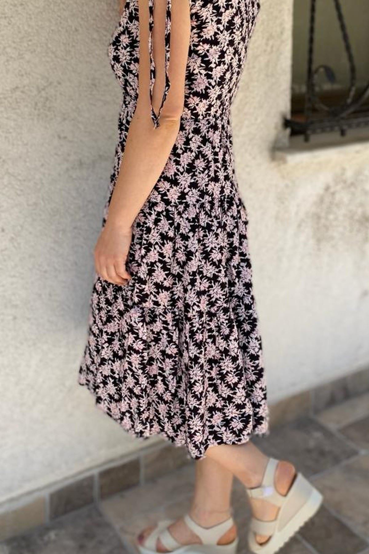 Kadın Çiçek Desenli Midi Yazlık Elbise A1-5073